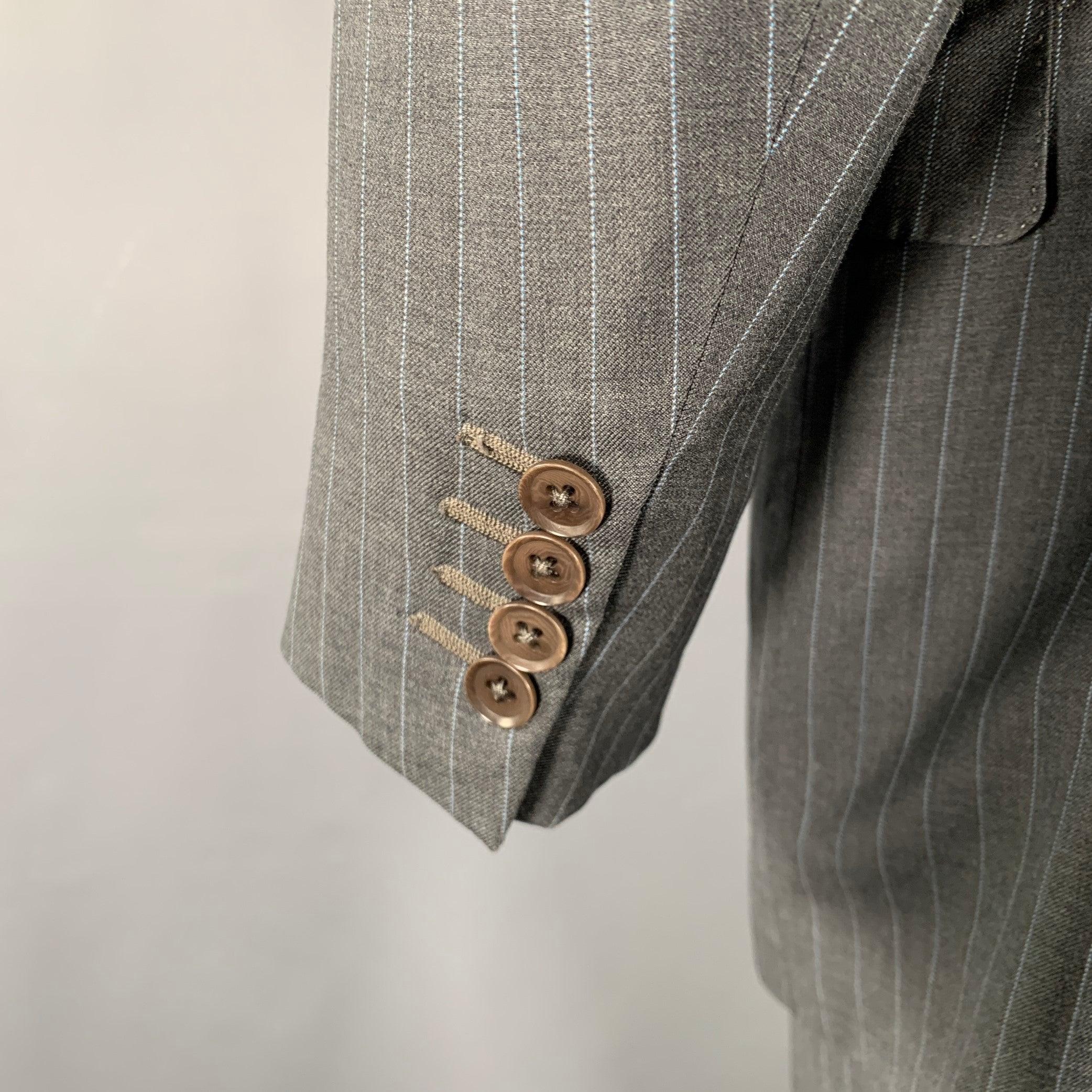 Men's ISAIA Size 44 Grey Light Blue Pinstripe Wool Single Breasted Suit For Sale