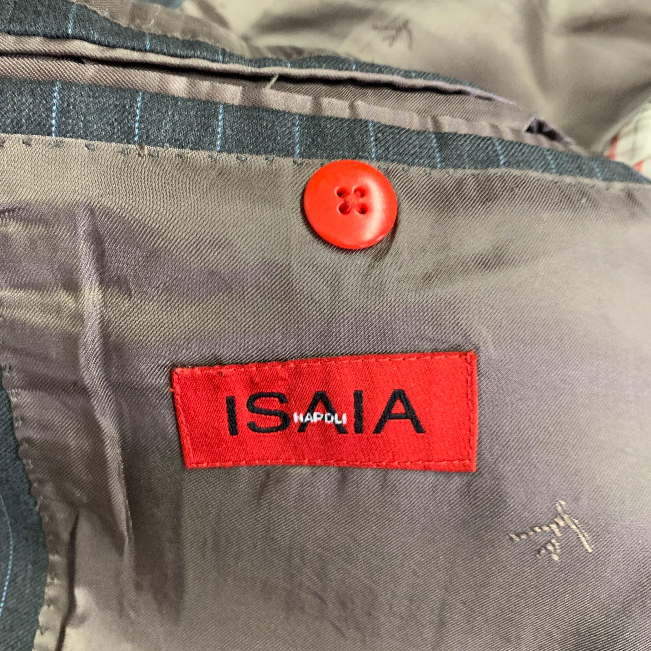 ISAIA Size 44 Grey Light Blue Pinstripe Wool Single Breasted Suit For Sale 3