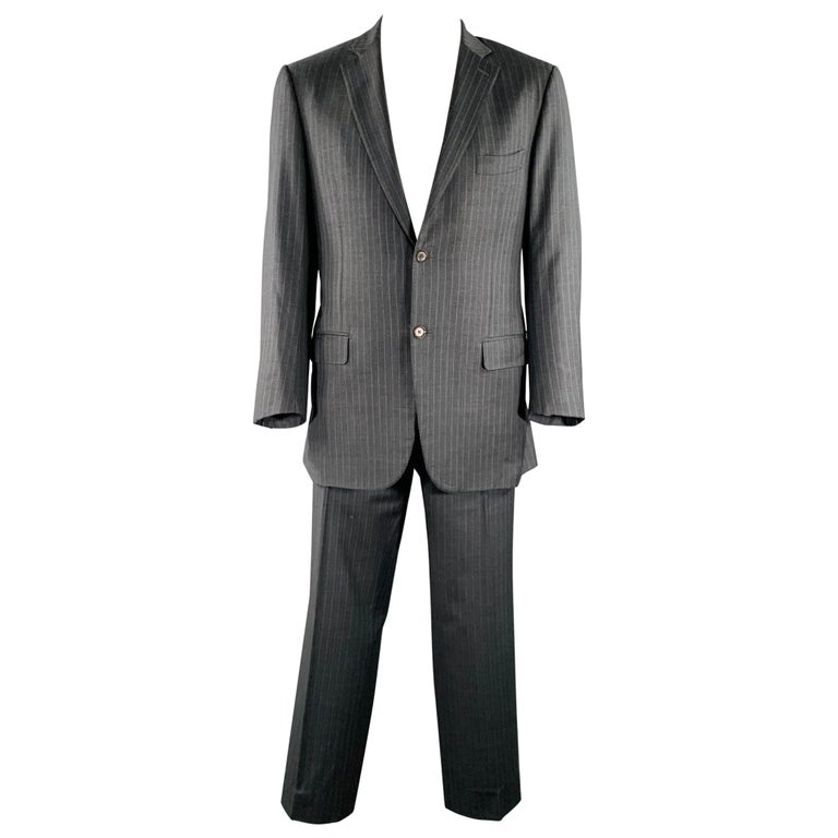 ISAIA Size 44 Grey Light Blue Pinstripe Wool Single Breasted Suit