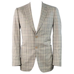 ISAIA Size 44 Long Grey Taupe Plaid Wool Notch Lapel Sport Coat