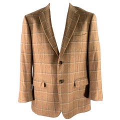Isaia Size 46 Brown Blue Grey Plaid Cashmere Notch Lapel Sport Coat