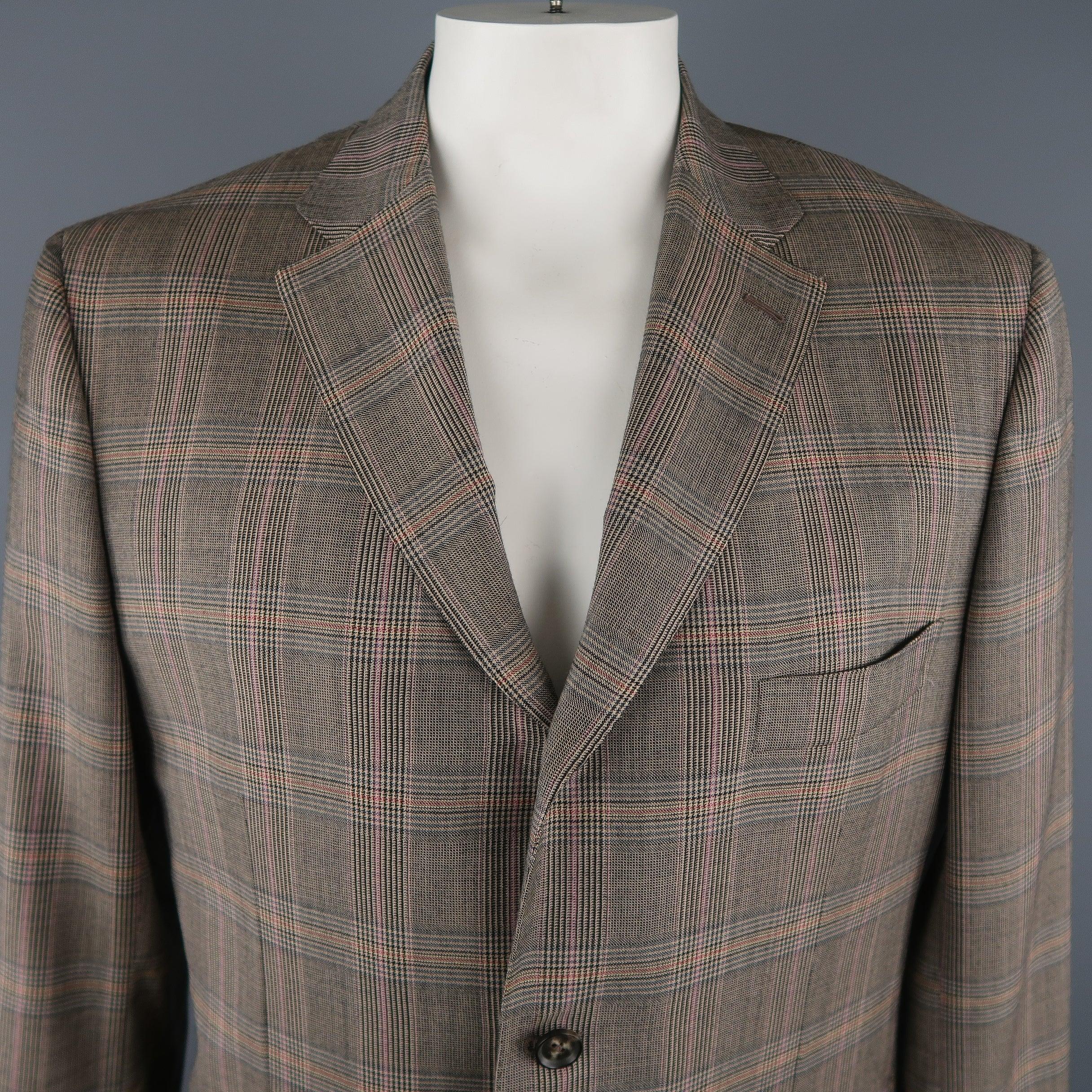 ISAIA 
long blazer comes in brown tones in a plaid wool material, featuring a notch lapel, slit and flap pockets, 3 buttons closure, functional cuff buttons, single breasted. Light spot at front. Made in Italy. Good Pre-Owned Condition. 

Marked:  