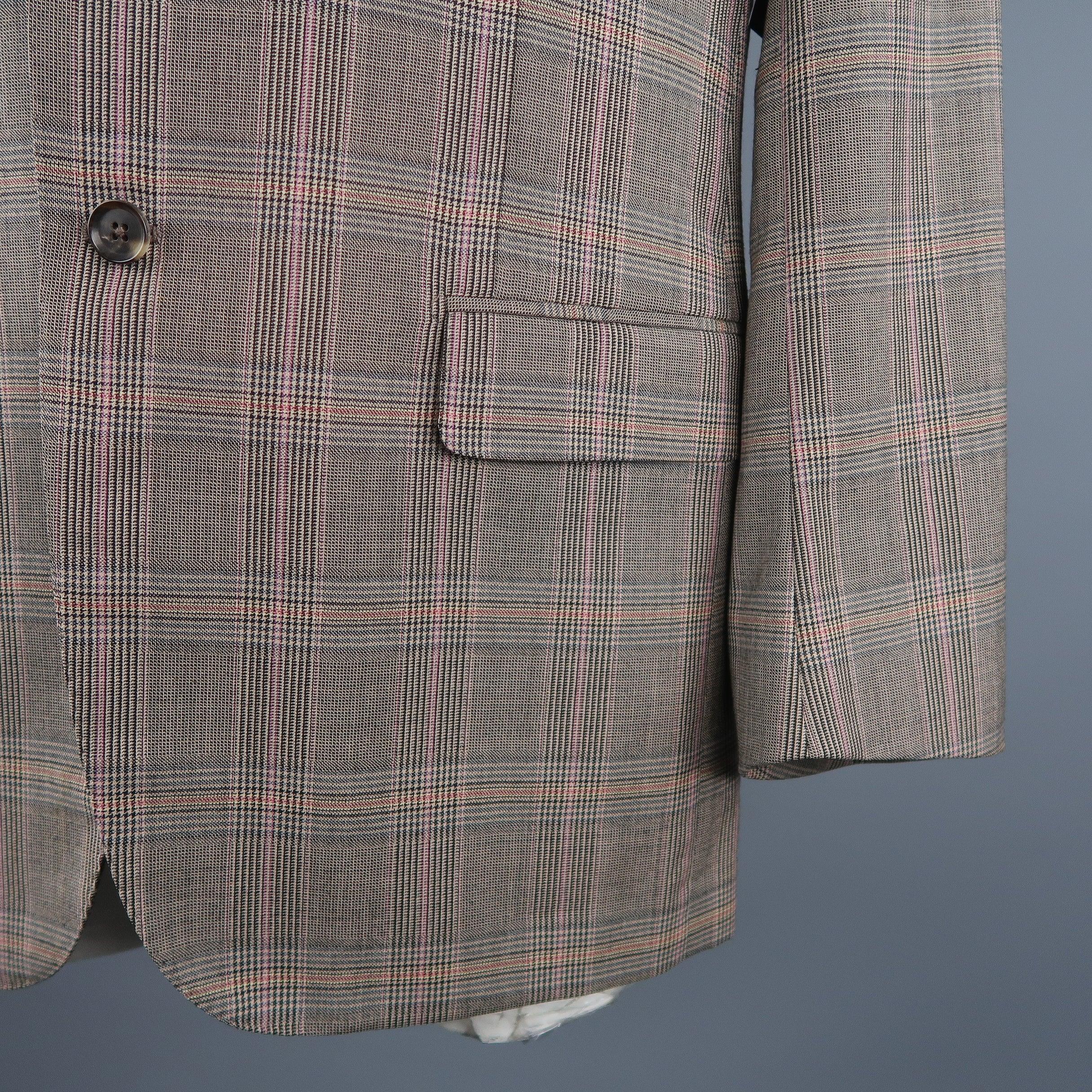 Men's ISAIA Size 46 Long Brown Plaid Wool Notch Lapel Sport Coat For Sale