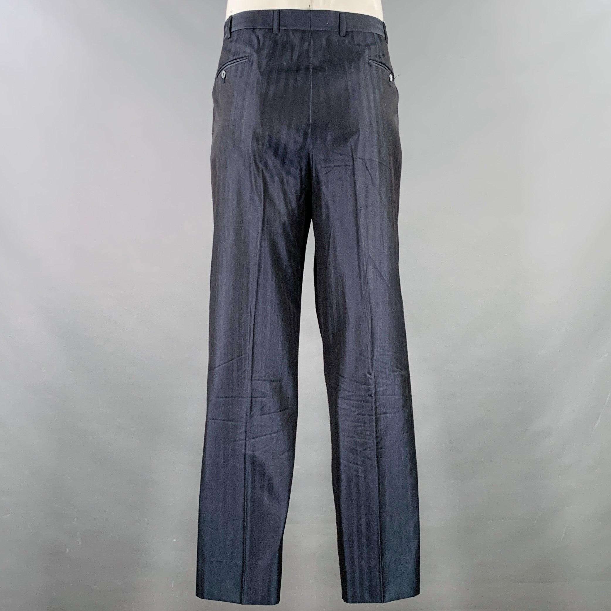 ISAIA Größe 46 Langer Marineblau gestreifter Anzug aus Wolle und Seide mit Kerbrevers Herren im Angebot