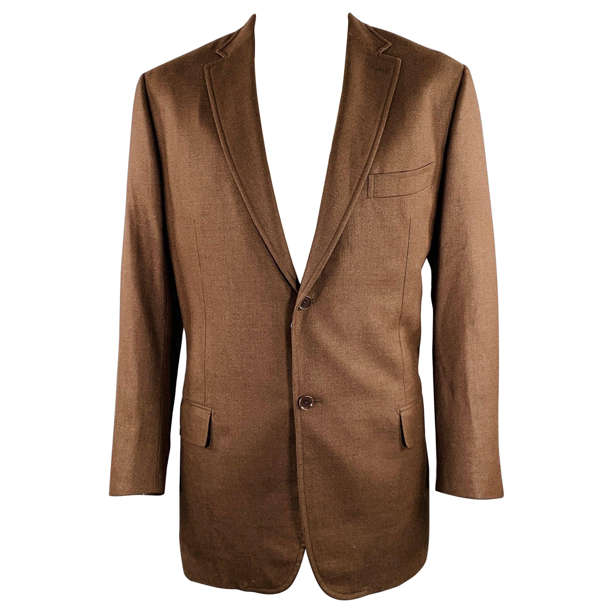 ISAIA Talla 48 Marrón Sarga Mezcla Lino Capucha Solapa Muesca
