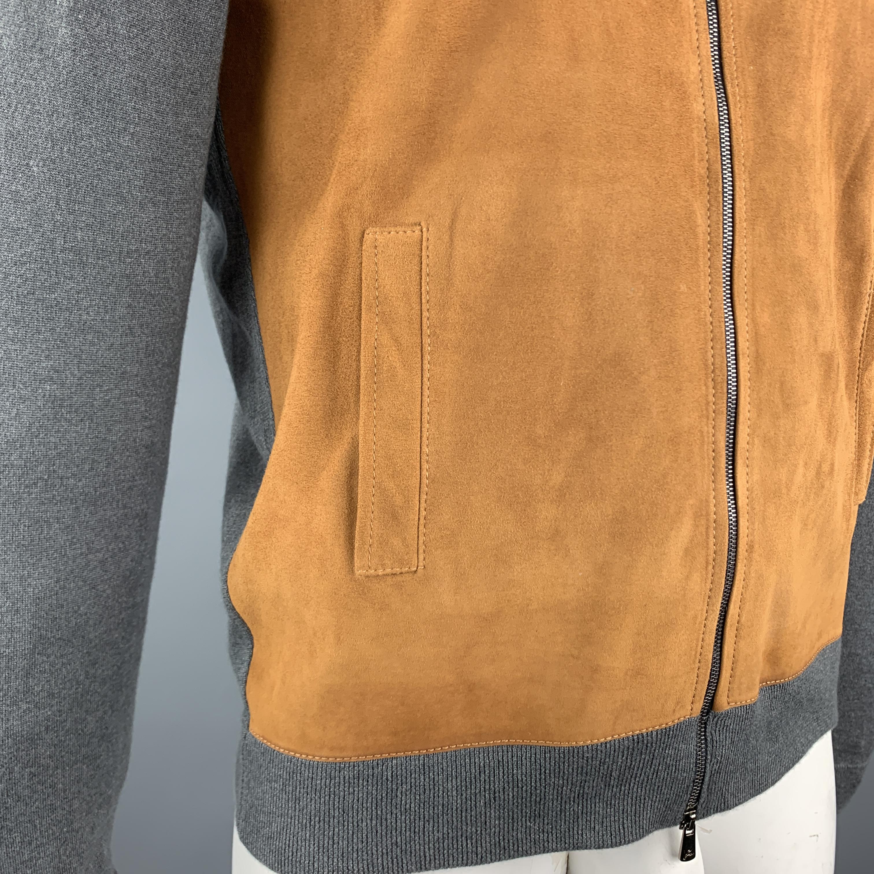 Brown ISAIA Size L Grey & Tan Mixed Materials Cashmere Zip Up Jacket