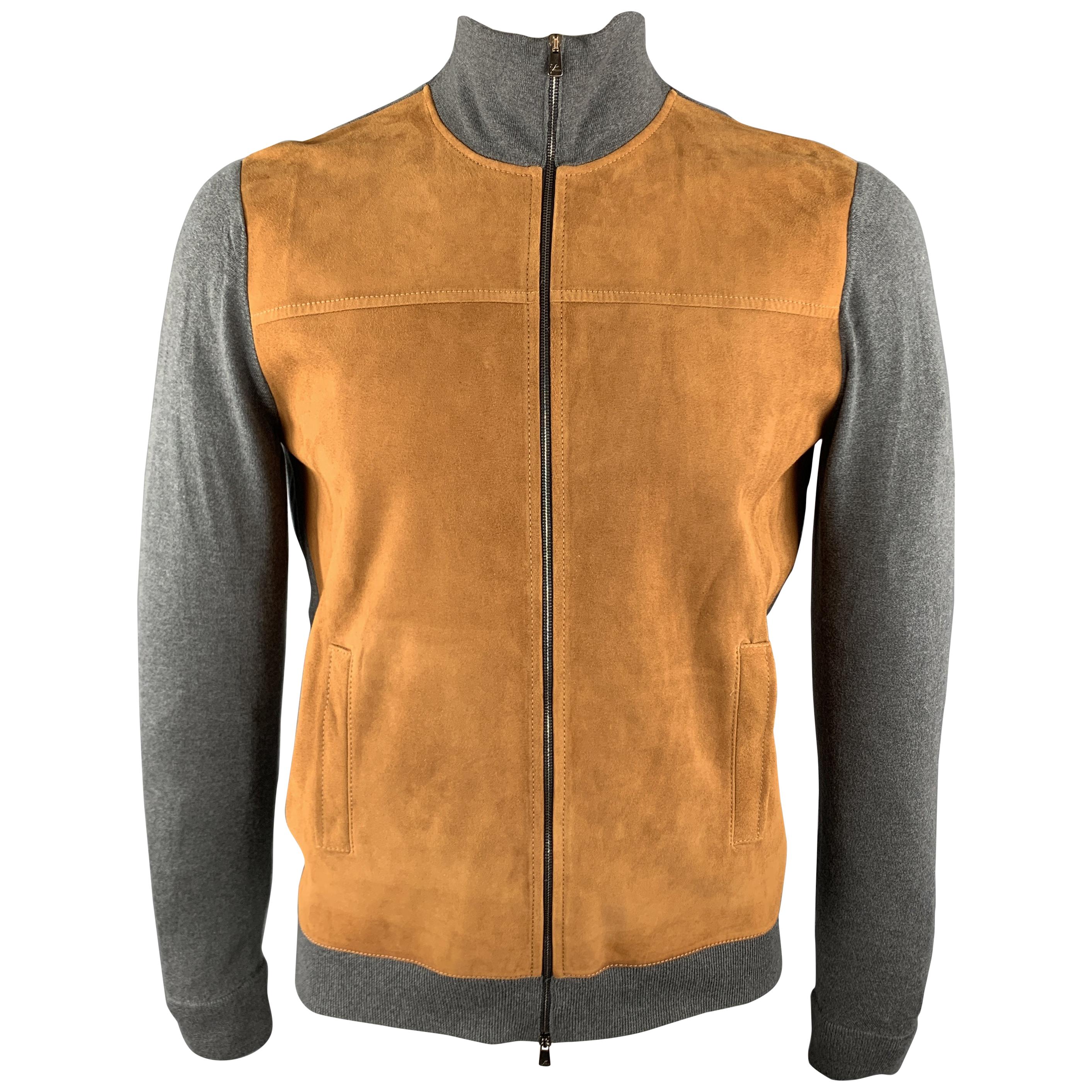 ISAIA Size L Grey & Tan Mixed Materials Cashmere Zip Up Jacket