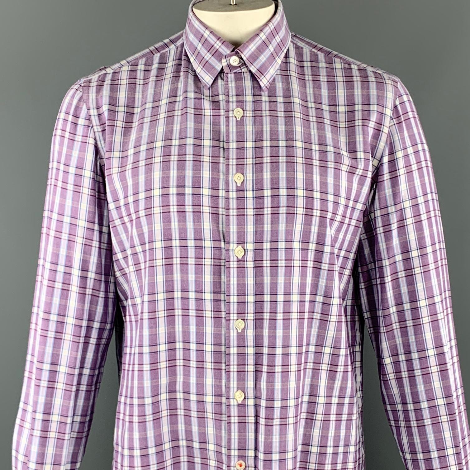 ISAIA long sleeve shirt comes in a purple plaid cotton featuring a button up style and a spread collar. Made in Italy.

Excellent Pre-Owned Condition.
Marked: 41 / 16

Measurements:

Shoulder: 18 in.
Chest: 48 in.
Sleeve: 26.5 in. 
Length: 32 in.
