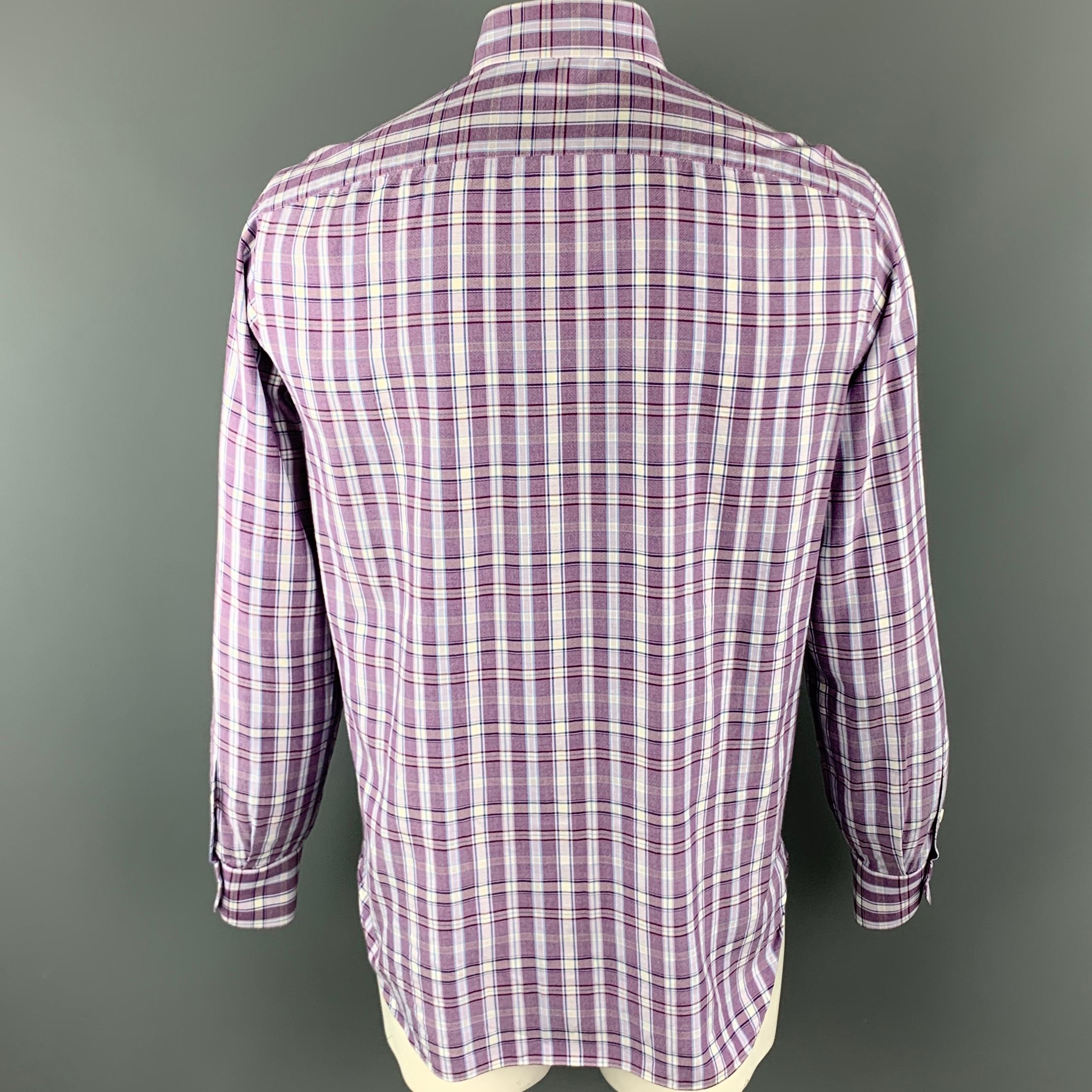 Gray ISAIA Size L Purple Plaid Cotton Button Up Long Sleeve Shirt