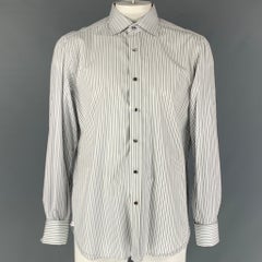 ISAIA Size L Stripe White & Black Cotton French Cuff Long Sleeve Shirt