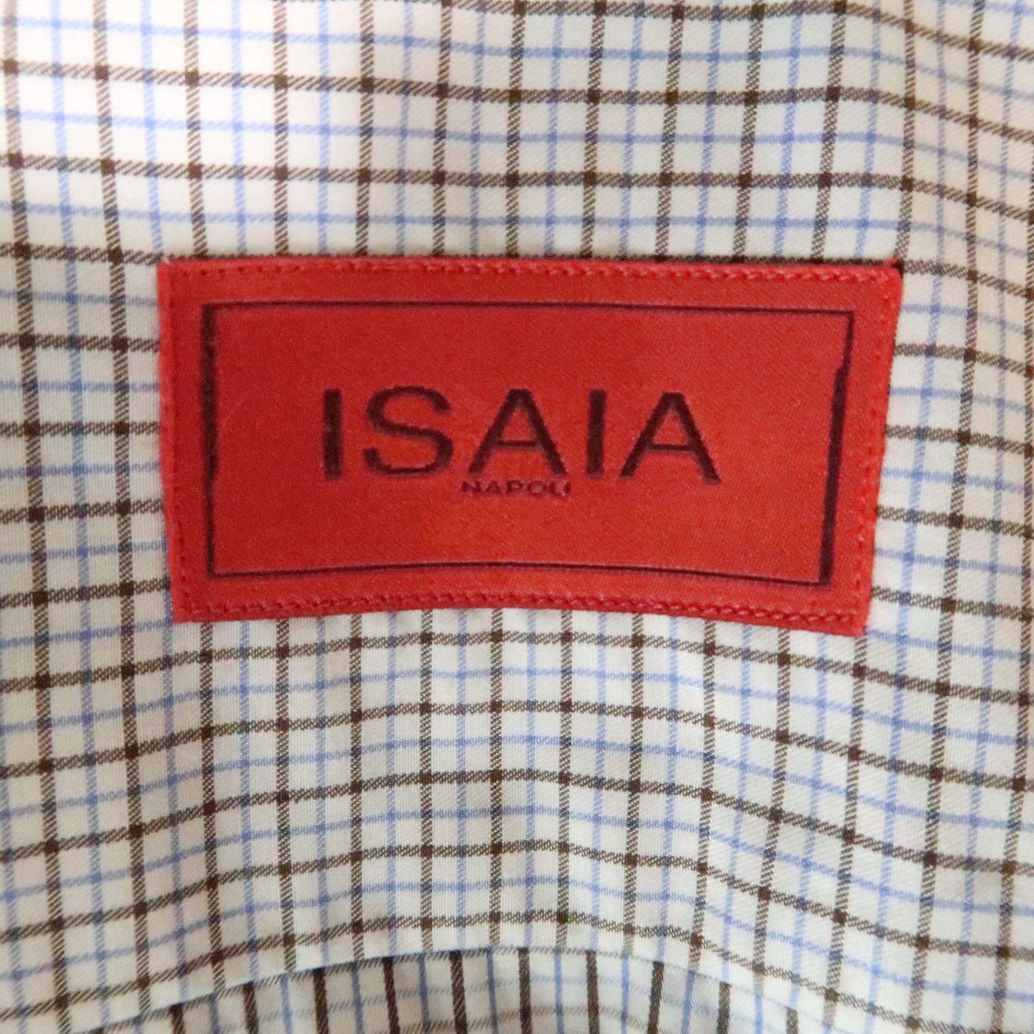 Men's ISAIA Size L White & Blue Plaid Cotton Button Up Long Sleeve Shirt