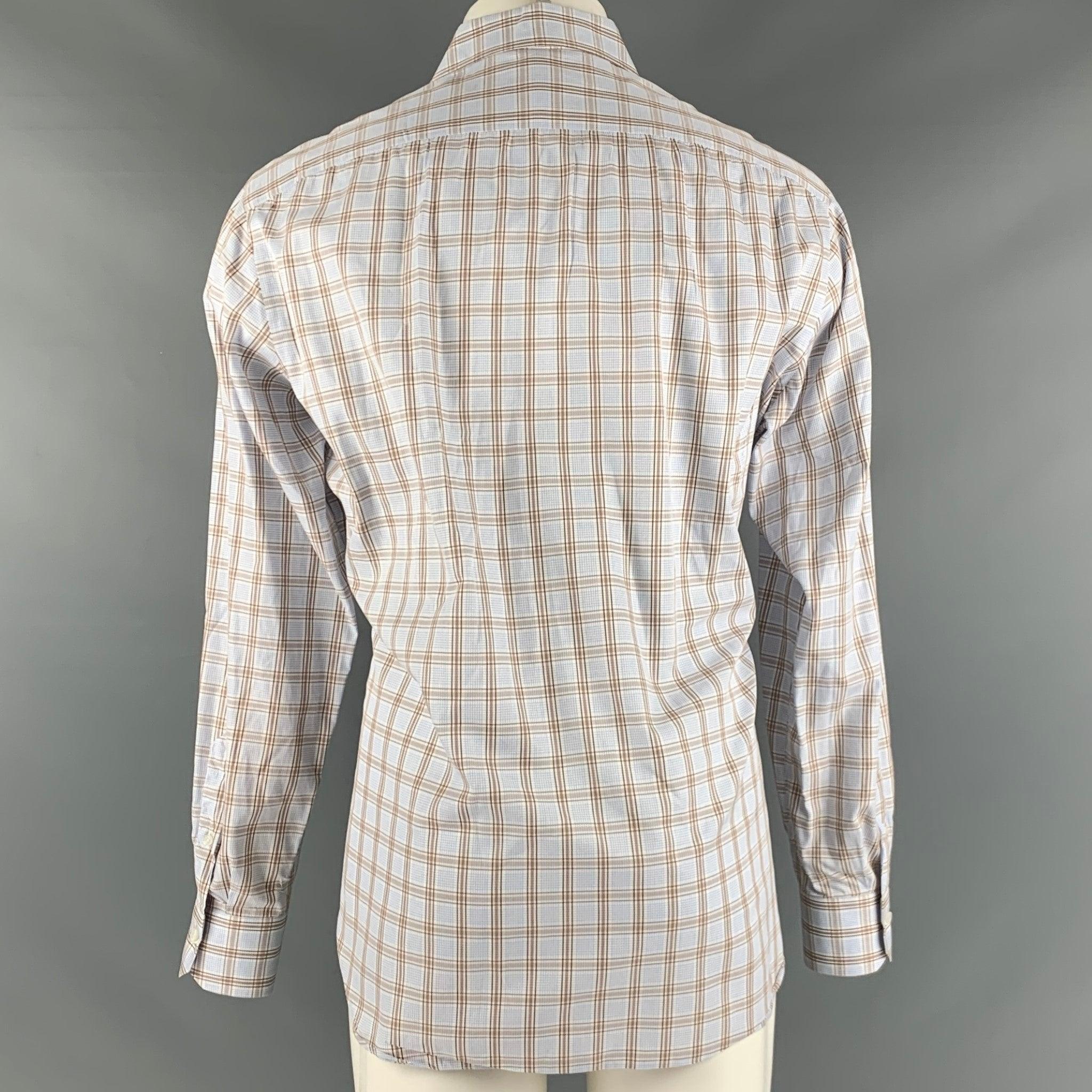 Men's ISAIA Size M Blue Brown Plaid Cotton Long Sleeve Shirt For Sale