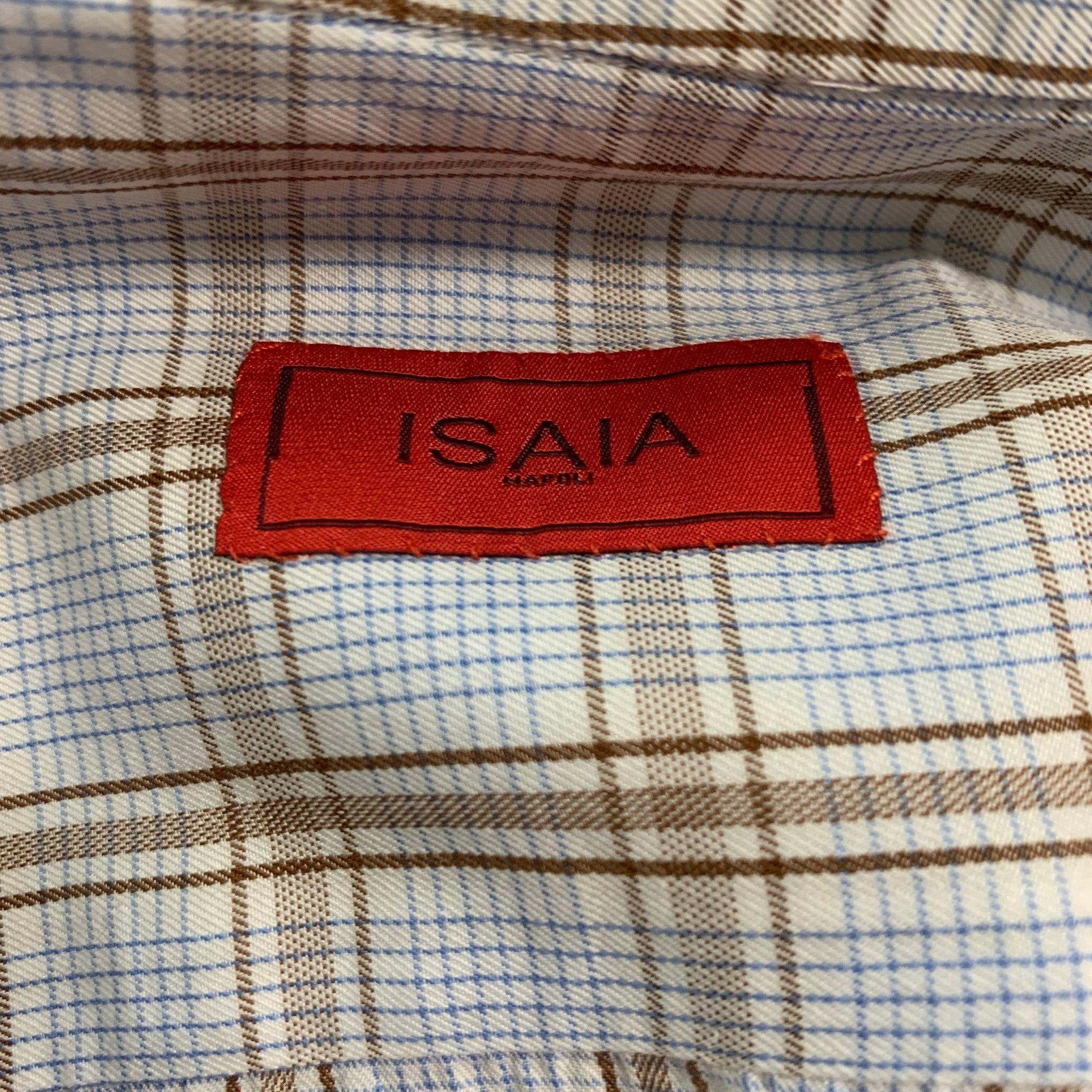 ISAIA Size M Blue Brown Plaid Cotton Long Sleeve Shirt For Sale 1