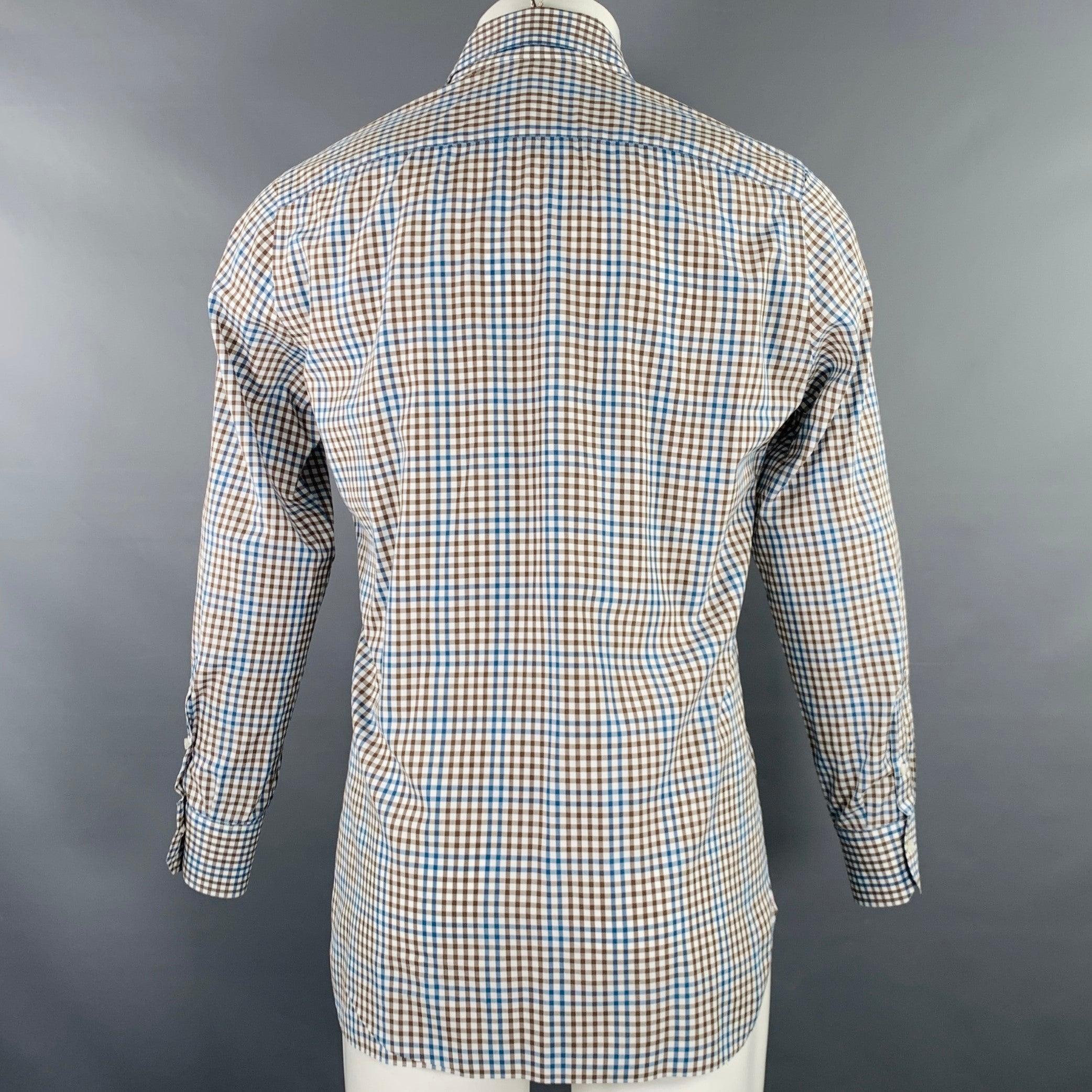 ISAIA Size M Brown White Blue Checkered Cotton Spread Collar Long Sleeve Shirt In Excellent Condition For Sale In San Francisco, CA