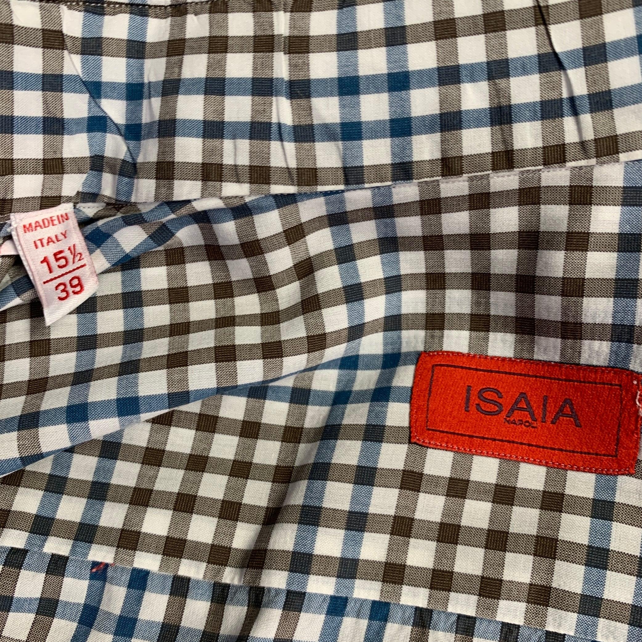 Men's ISAIA Size M Brown White Blue Checkered Cotton Spread Collar Long Sleeve Shirt For Sale