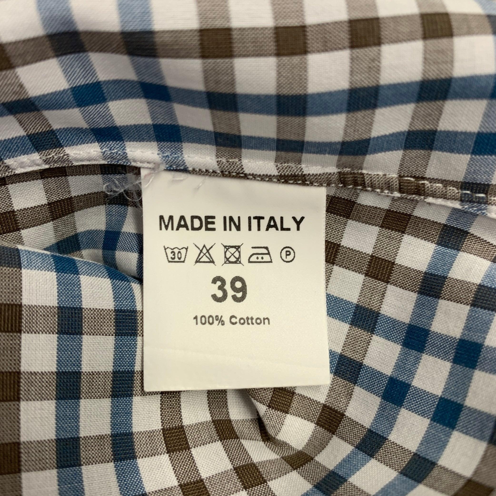ISAIA Size M Brown White Blue Checkered Cotton Spread Collar Long Sleeve Shirt For Sale 1