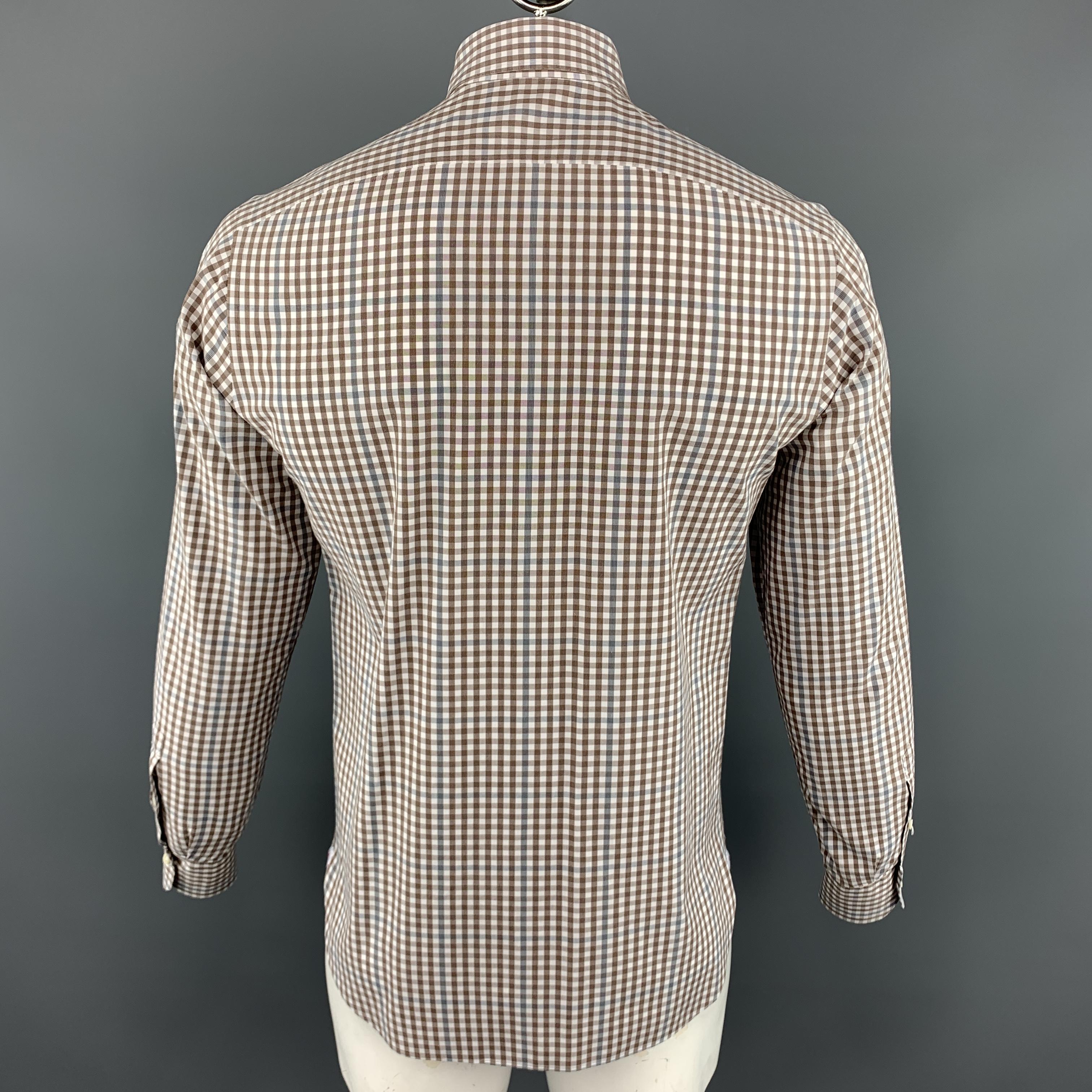 Men's ISAIA Size M Brown & White Plaid Cotton Button Up Long Sleeve Shirt