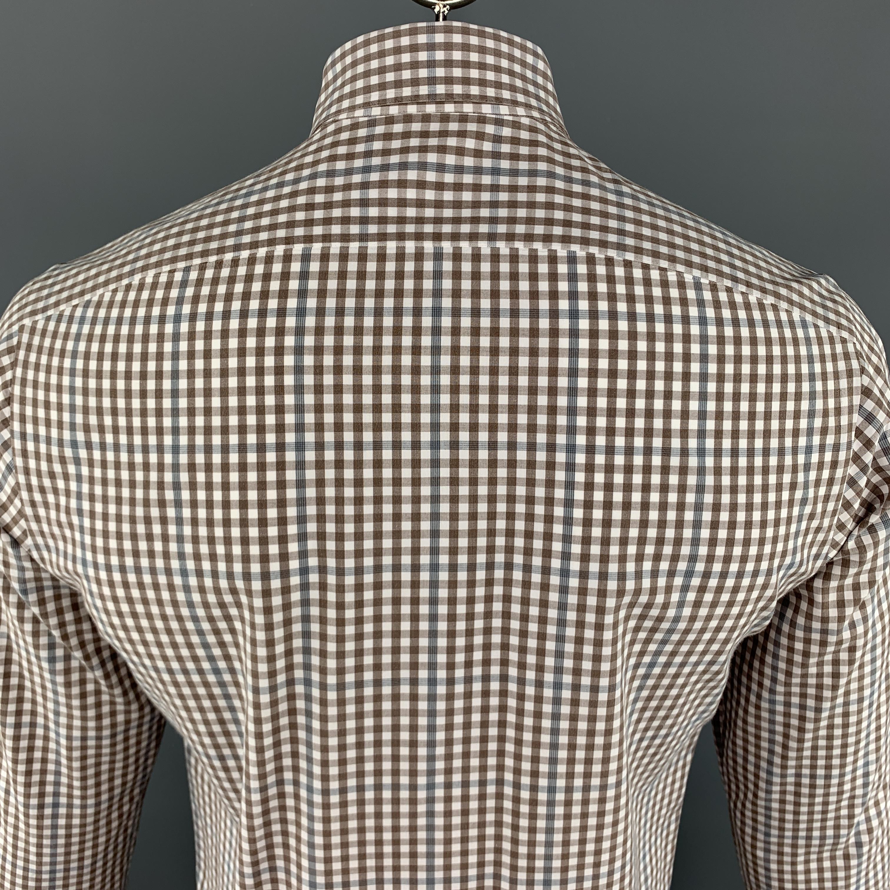 ISAIA Size M Brown & White Plaid Cotton Button Up Long Sleeve Shirt 1