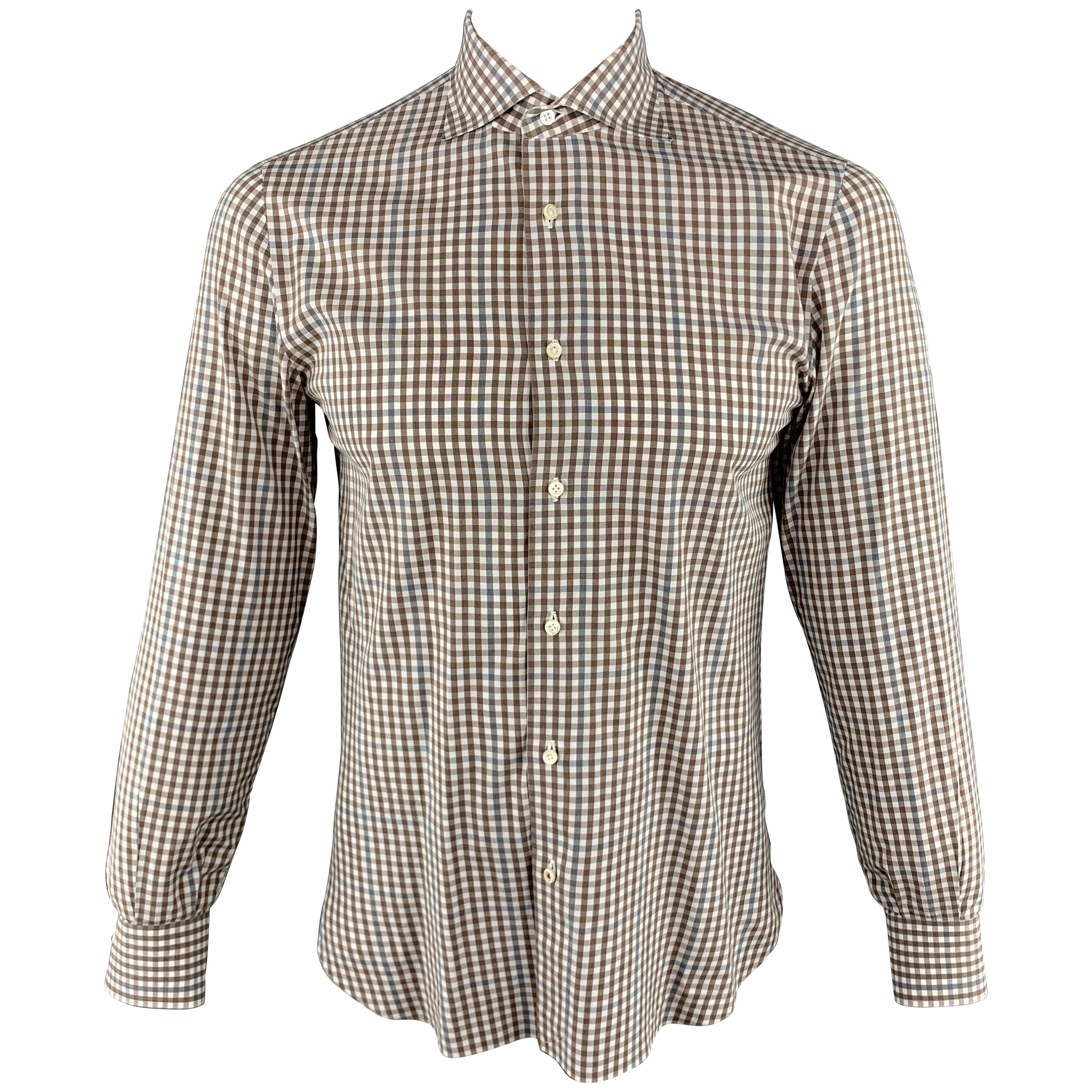 ISAIA Size M Brown & White Plaid Cotton Button Up Long Sleeve Shirt