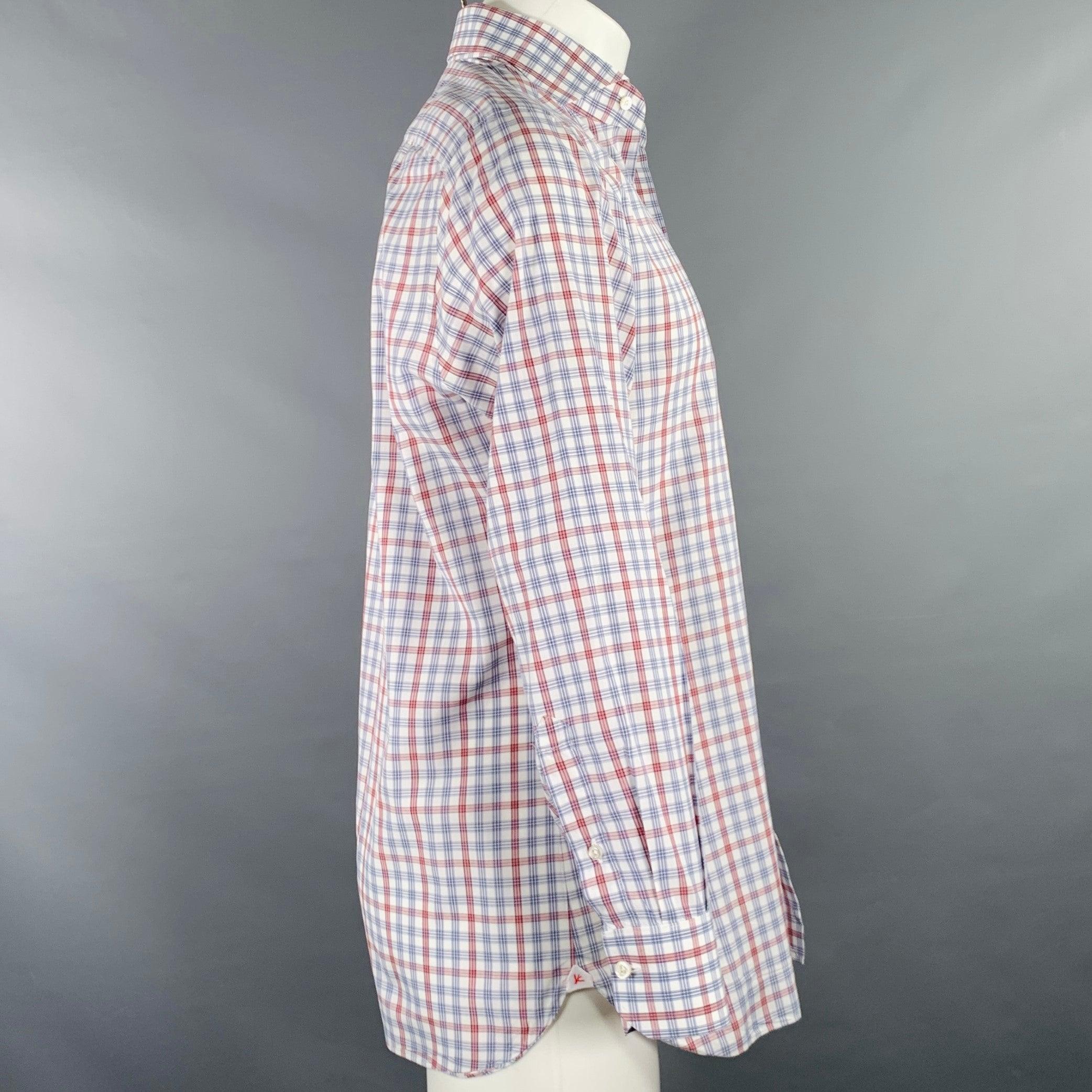 Gray ISAIA Size M Burgundy White Blue Plaid Cotton Spread Collar Long Sleeve Shirt For Sale