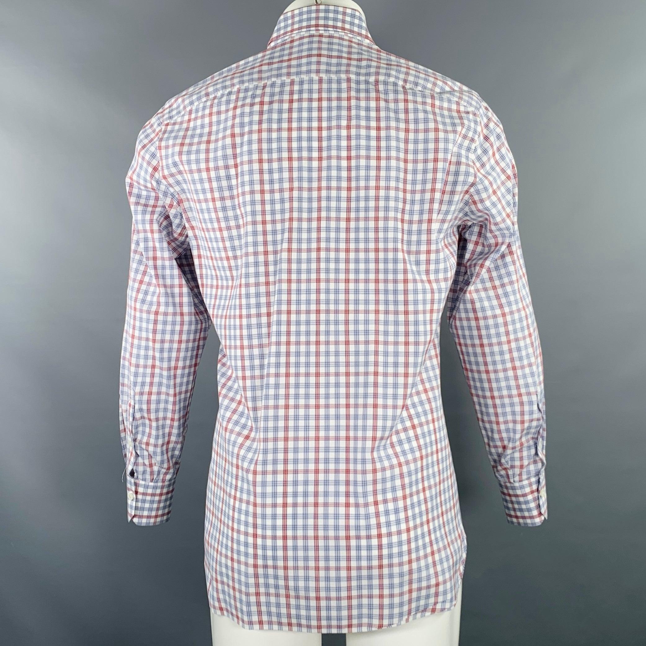 ISAIA Size M Burgundy White Blue Plaid Cotton Spread Collar Long Sleeve Shirt In Excellent Condition For Sale In San Francisco, CA