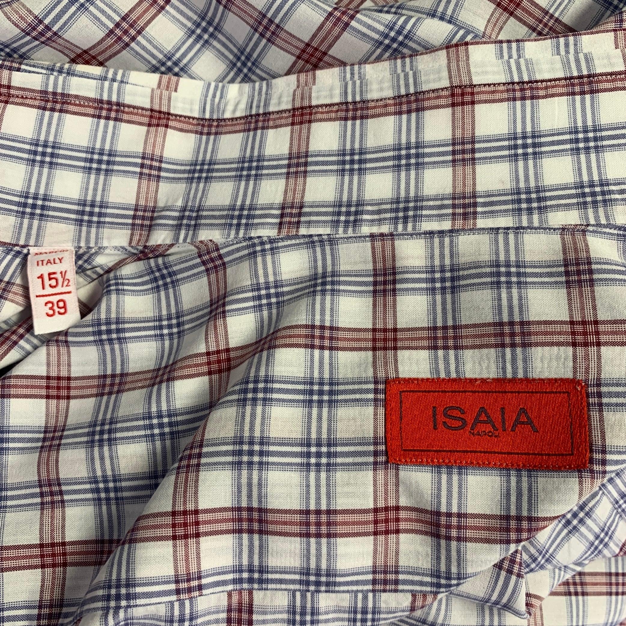 Men's ISAIA Size M Burgundy White Blue Plaid Cotton Spread Collar Long Sleeve Shirt For Sale