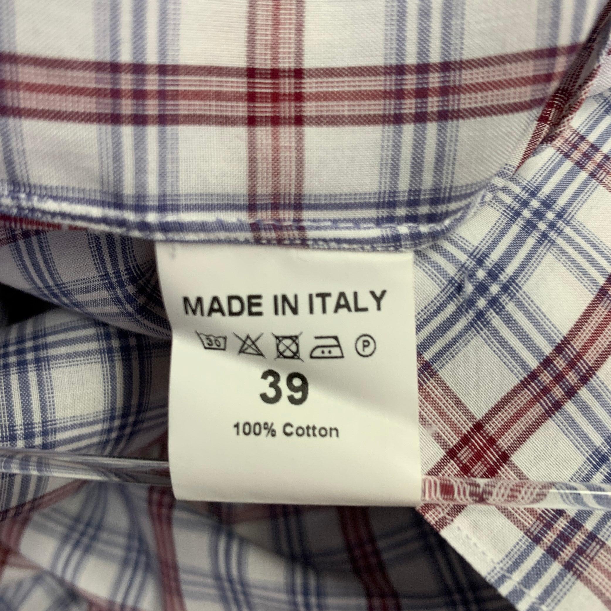ISAIA Size M Burgundy White Blue Plaid Cotton Spread Collar Long Sleeve Shirt For Sale 1