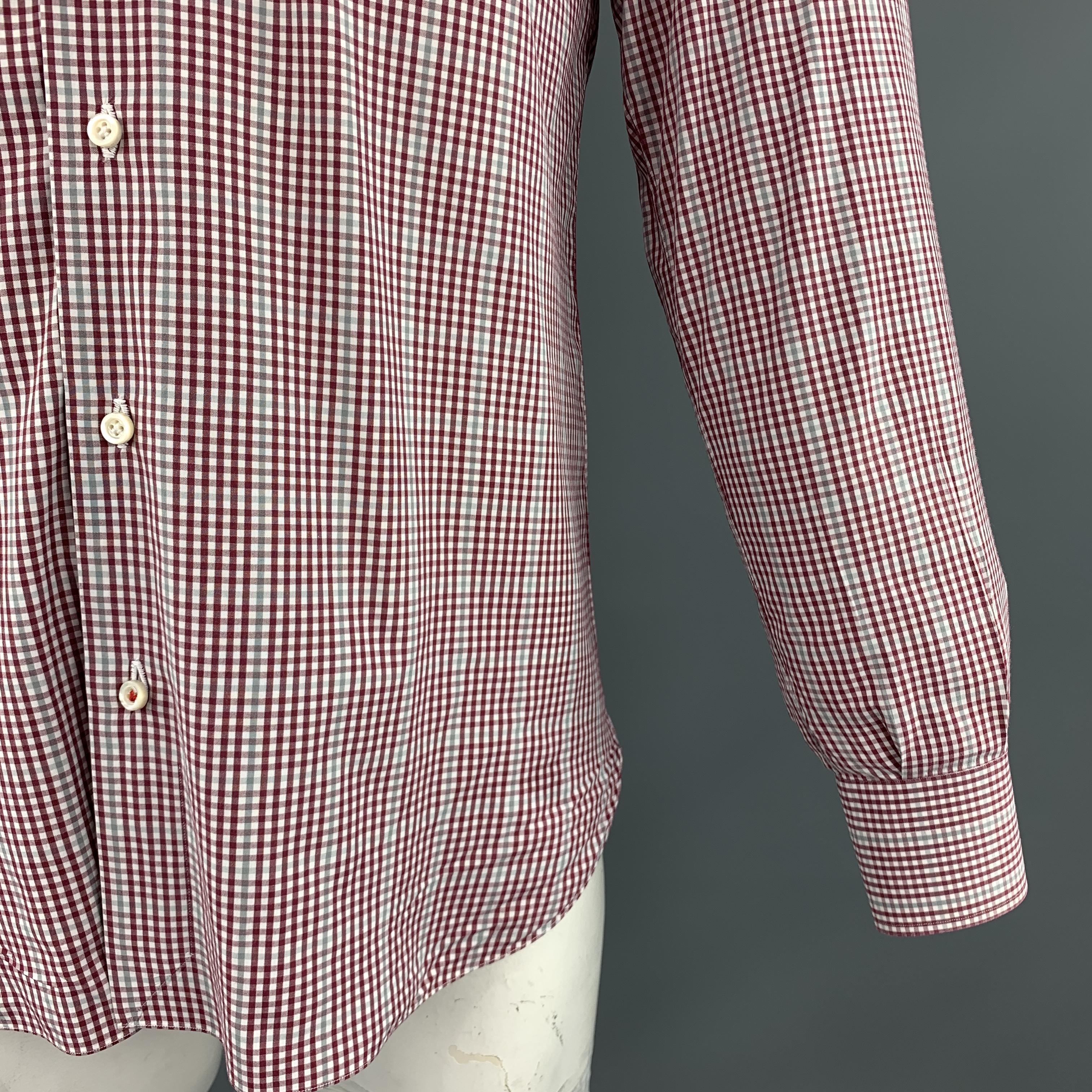 ISAIA Size M Burgundy & White Plaid Cotton Button Up Long Sleeve Shirt In Excellent Condition In San Francisco, CA