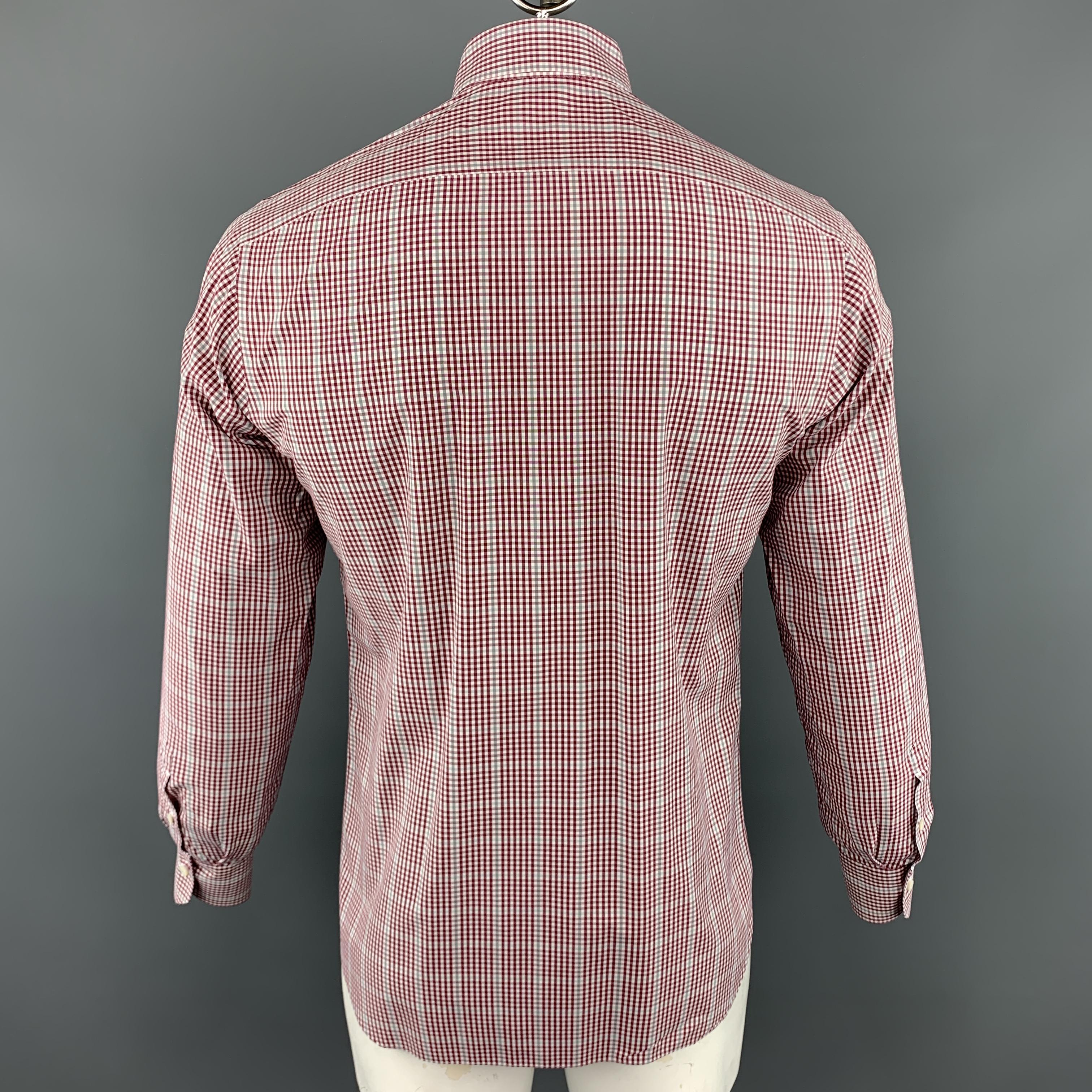 Men's ISAIA Size M Burgundy & White Plaid Cotton Button Up Long Sleeve Shirt