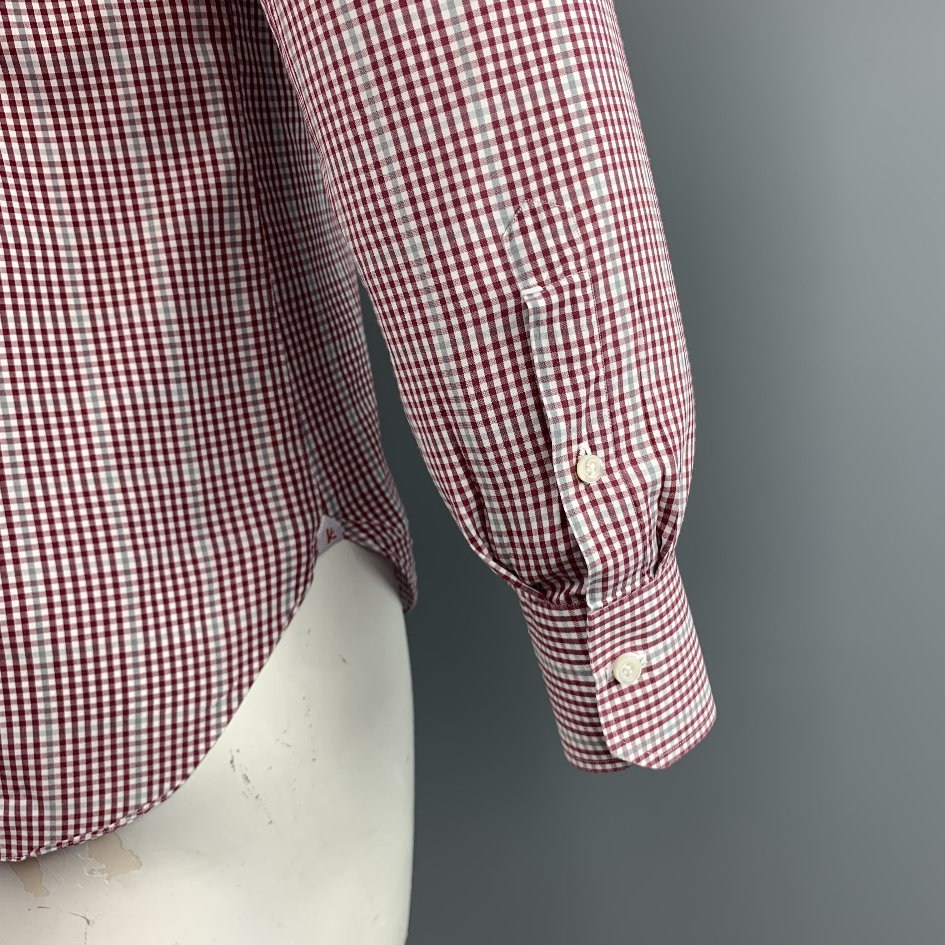 ISAIA Size M Burgundy & White Plaid Cotton Button Up Long Sleeve Shirt 2
