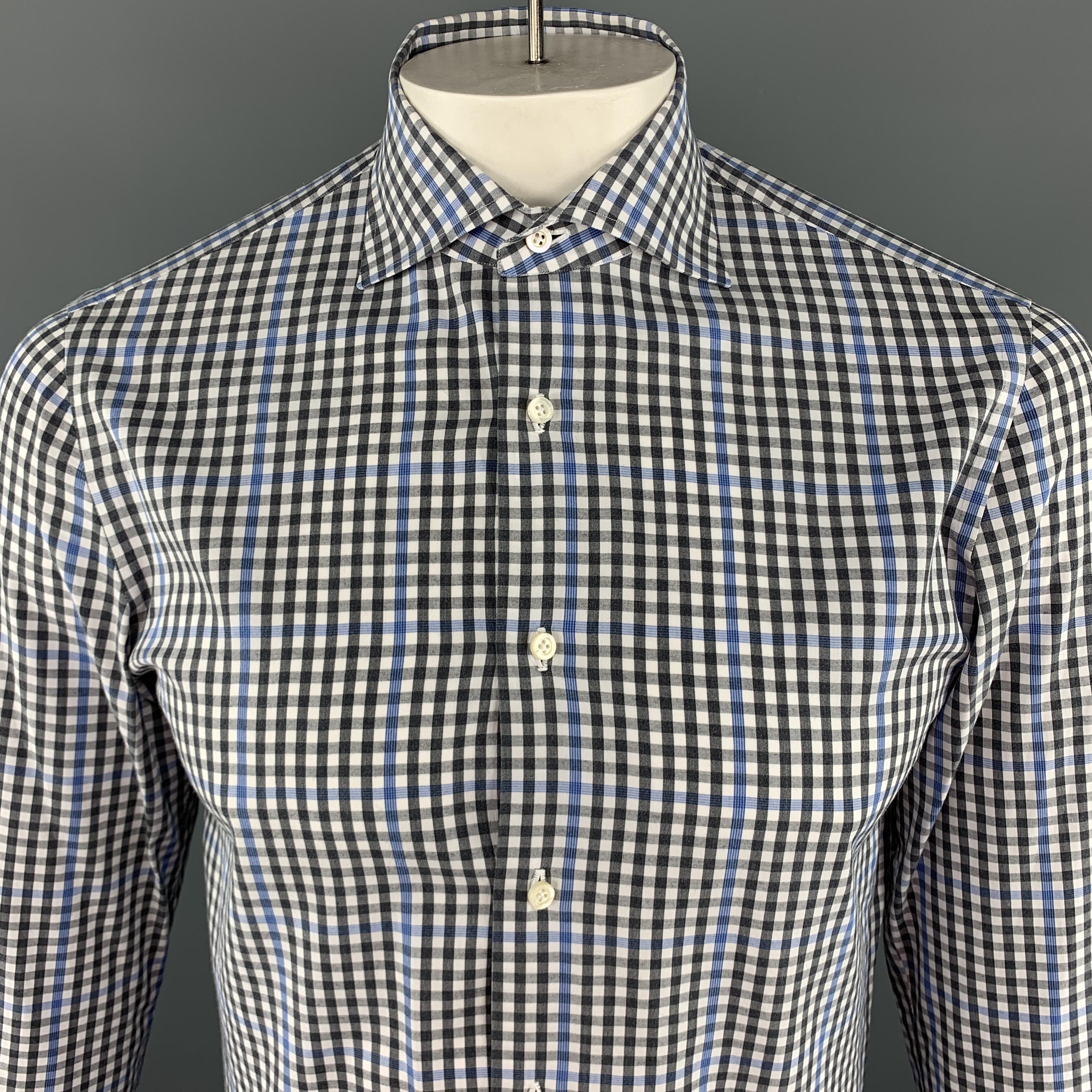 ISAIA Long Sleeve Shirt comes in  gray and blue tones in a plaid cotton material, with a spread collar, buttoned cuffs, button up. Made in Italy.

Excellent Pre-Owned Condition.
Marked: IT 39

Measurements:

Shoulder: 16 in. 
Chest: 41 in.  
Length: