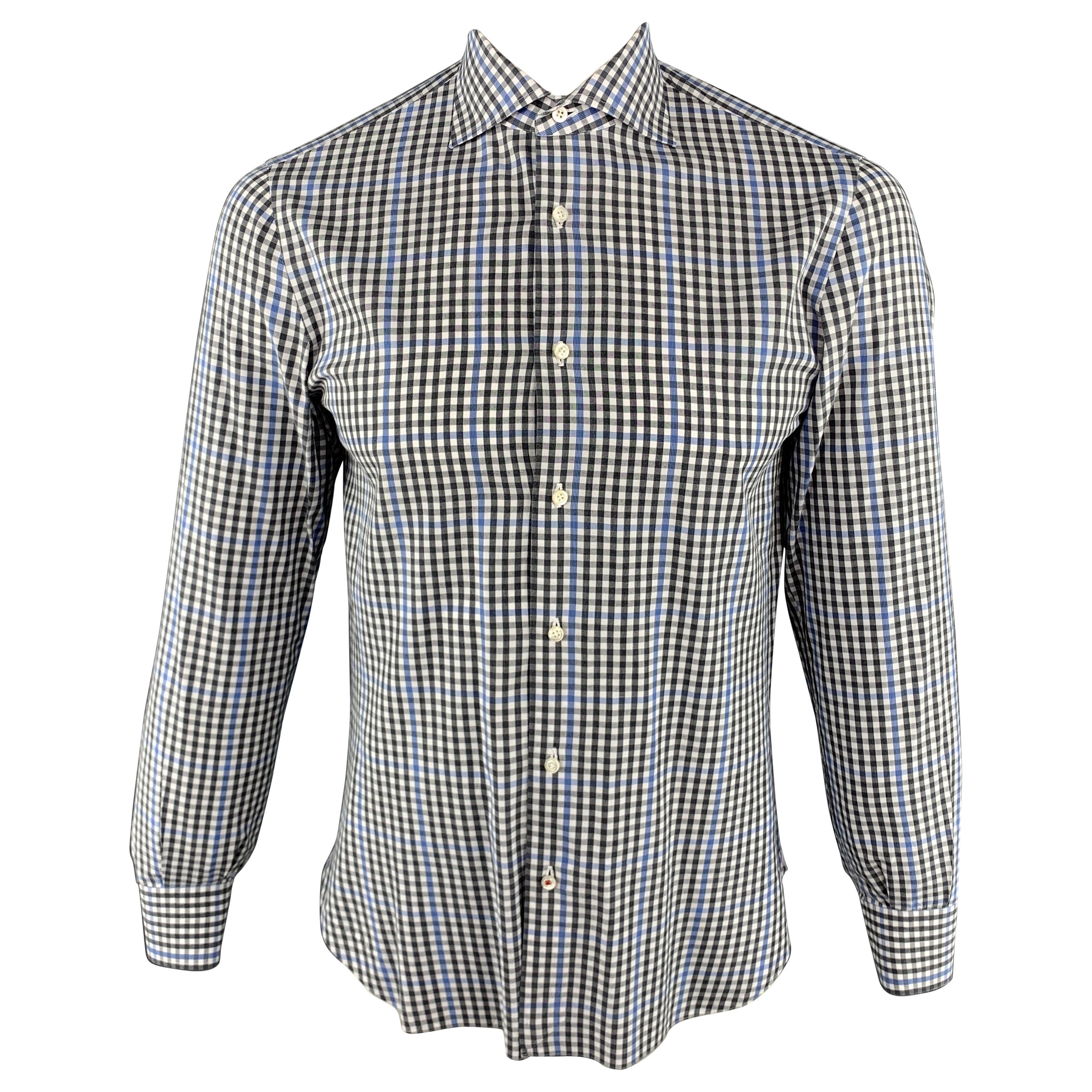 ISAIA Size M Gray & Blue Plaid Cotton Button Up Long Sleeve Shirt