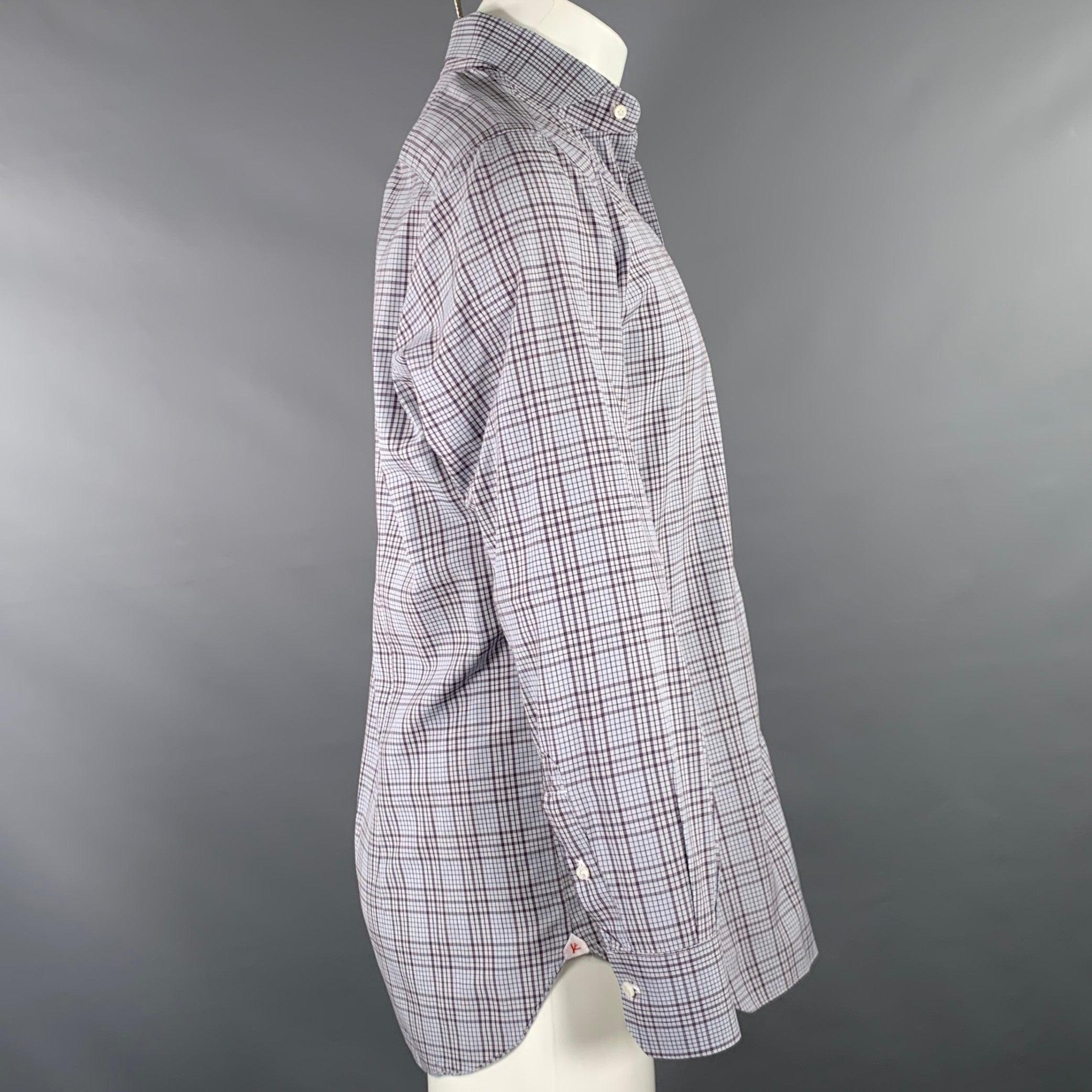Gray ISAIA Size M Grey White Purple Plaid Cotton Spread Collar Long Sleeve Shirt For Sale
