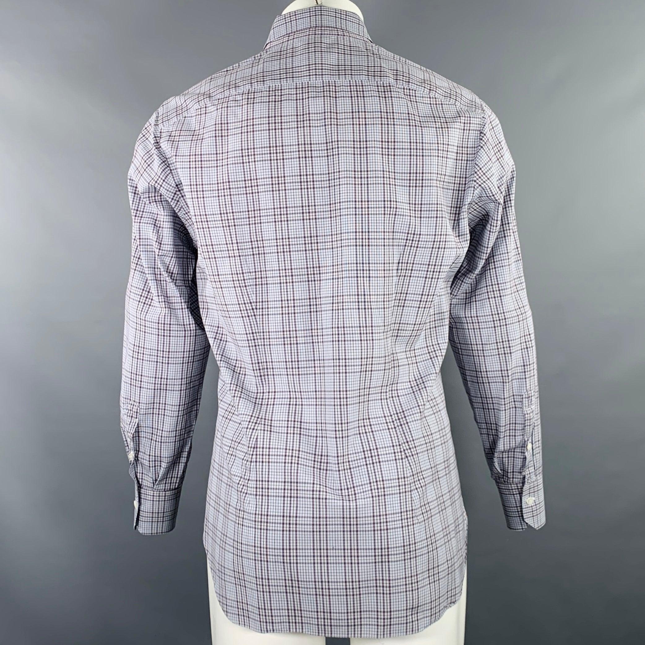 ISAIA Size M Grey White Purple Plaid Cotton Spread Collar Long Sleeve Shirt In Excellent Condition For Sale In San Francisco, CA