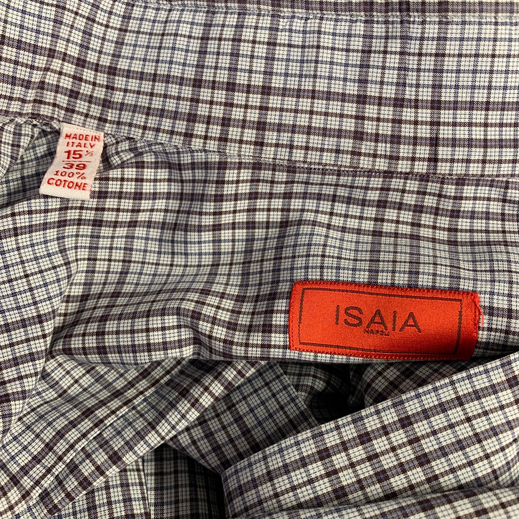 Men's ISAIA Size M Grey White Purple Plaid Cotton Spread Collar Long Sleeve Shirt For Sale