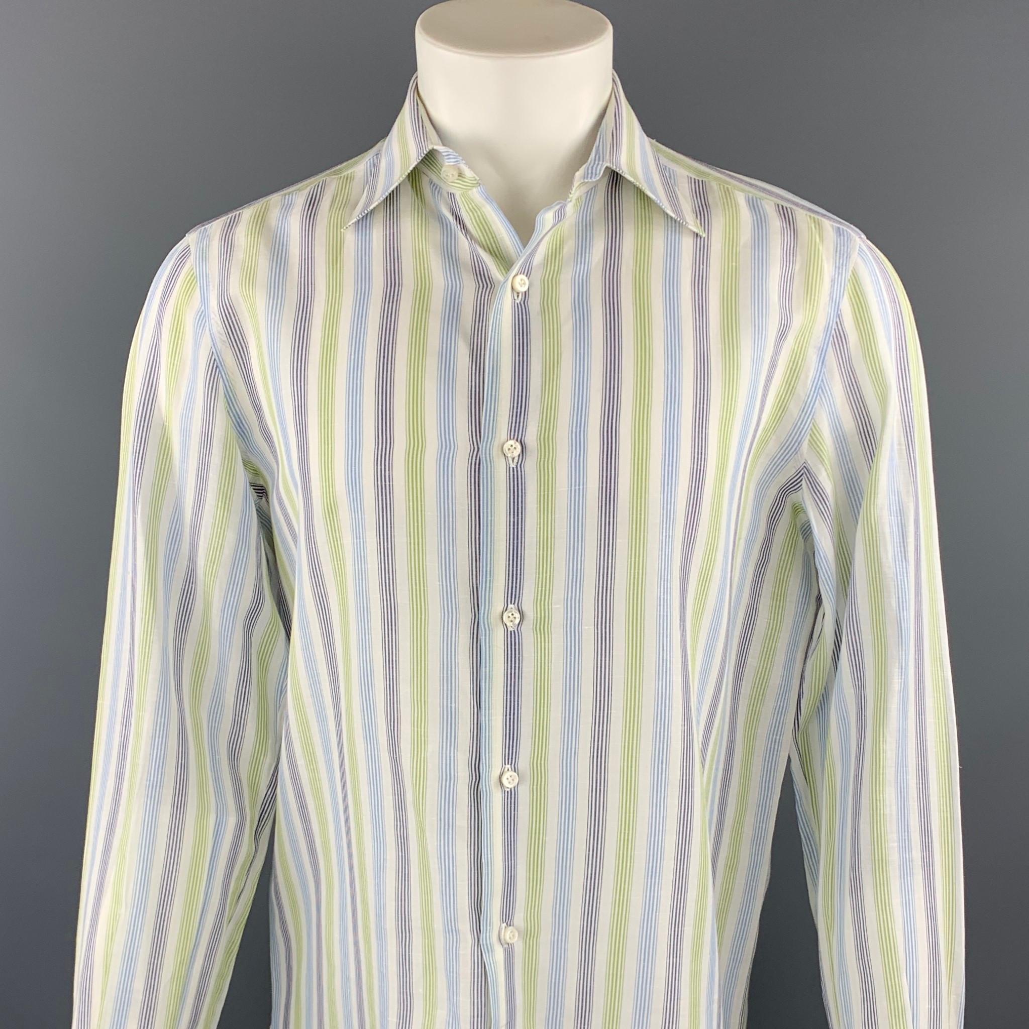 ISAIA long sleeve shirt comes in a navy & green plaid cotton featuring a button up style and a spread collar. Made in Italy.

Very Good Pre-Owned Condition.
Marked: 15.5/39

Measurements:

Shoulder: 17 in. 
Chest: 44 in. 
Sleeve: 26.5 in. 
Length: