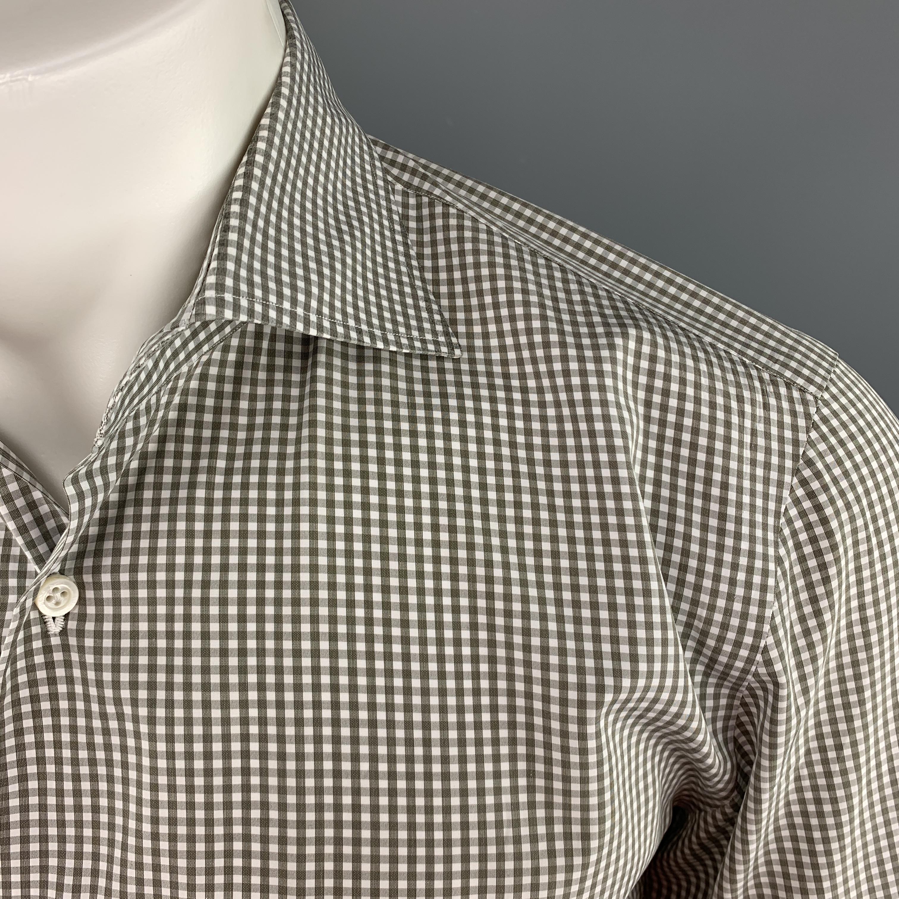ISAIA Size M Olive & White Checkered Cotton Button Up Long Sleeve Shirt In Excellent Condition In San Francisco, CA
