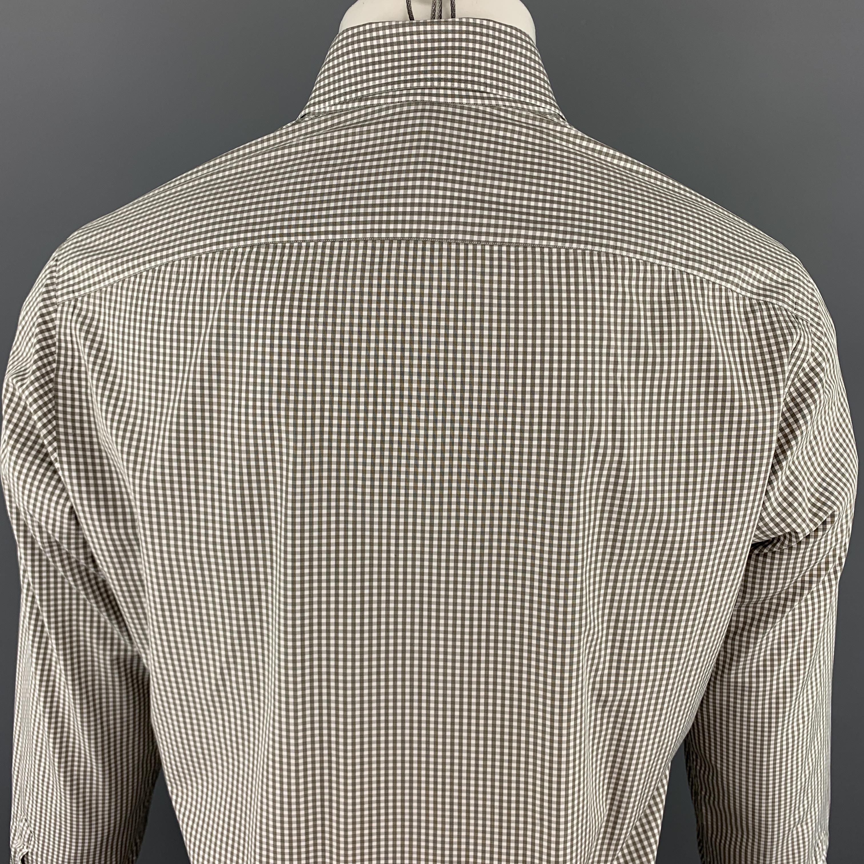 ISAIA Size M Olive & White Checkered Cotton Button Up Long Sleeve Shirt 1