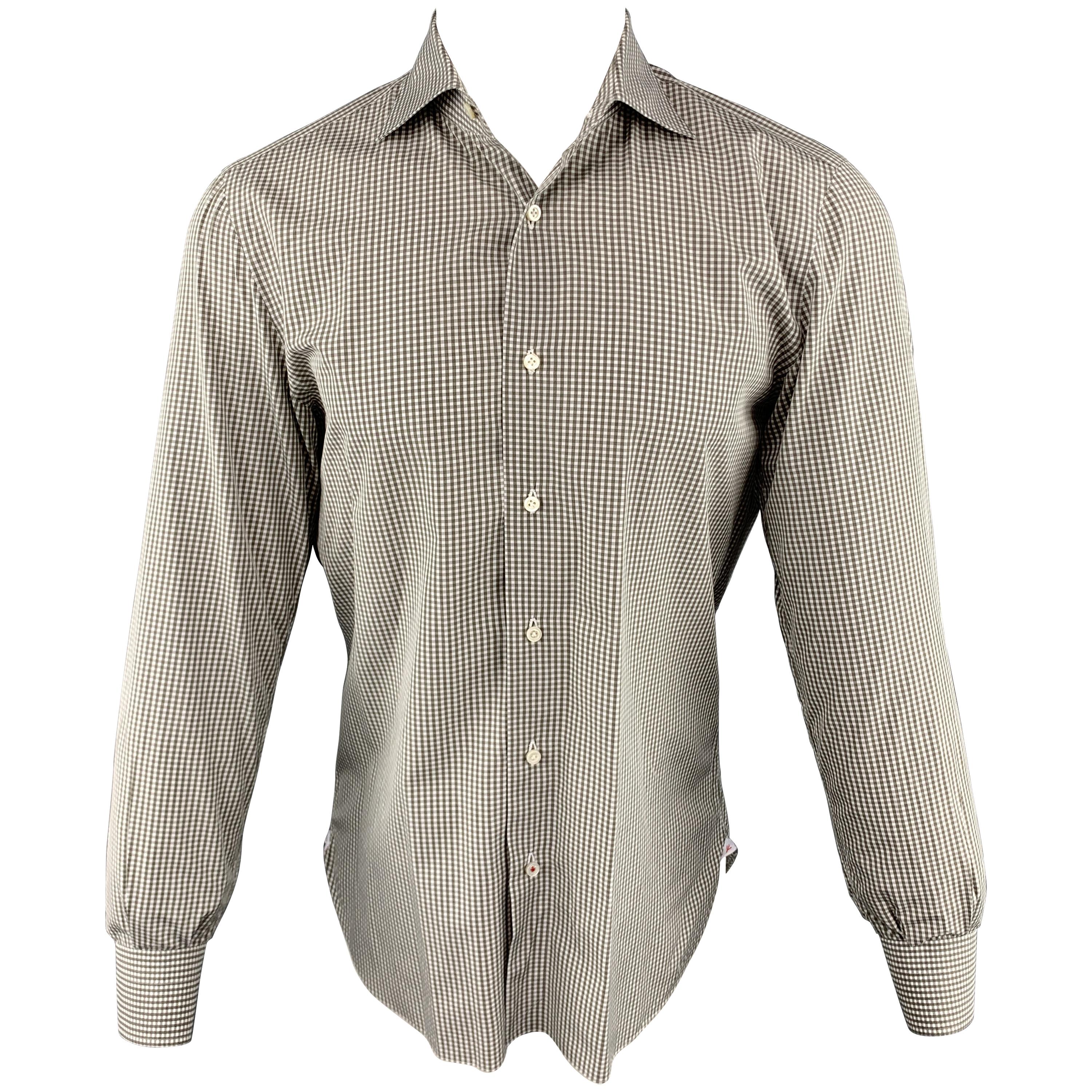 ISAIA Size M Olive & White Checkered Cotton Button Up Long Sleeve Shirt