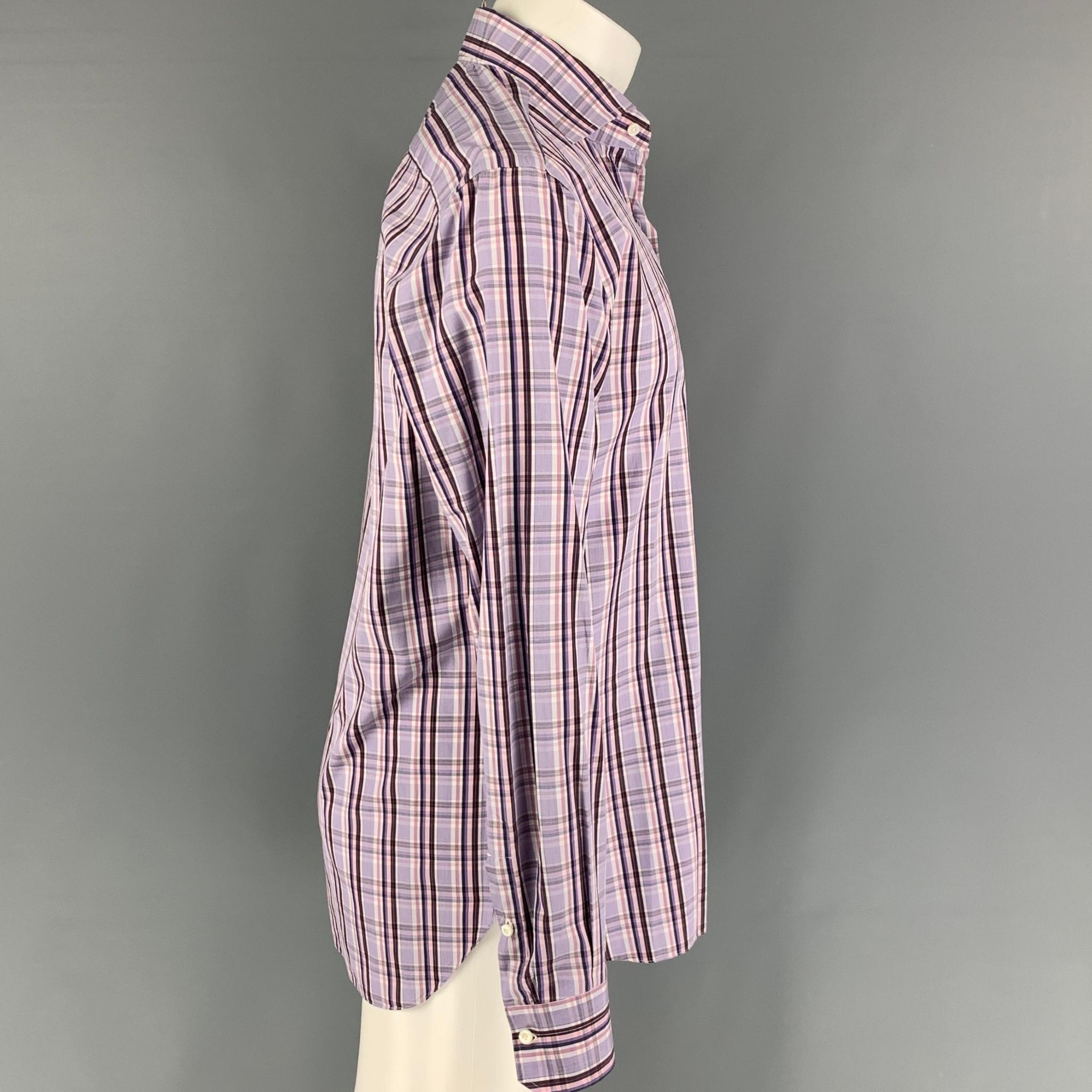 ISAIA long sleeve shirt comes in a purple & brown plaid cotton featuring a spread collar and a button up closure. Made in Italy. 

Very Good Pre-Owned Condition.
Marked: 16/41

Measurements:

Shoulder: 18.5 in.
Chest: 40 in.
Sleeve: 26.5 in.
Length: