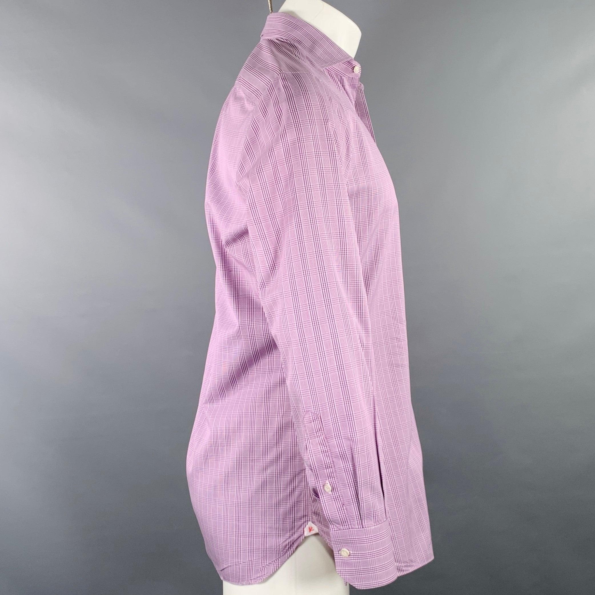 ISAIA Size M Purple White Glenplaid Cotton Spread Collar Long Sleeve Shirt In Excellent Condition In San Francisco, CA