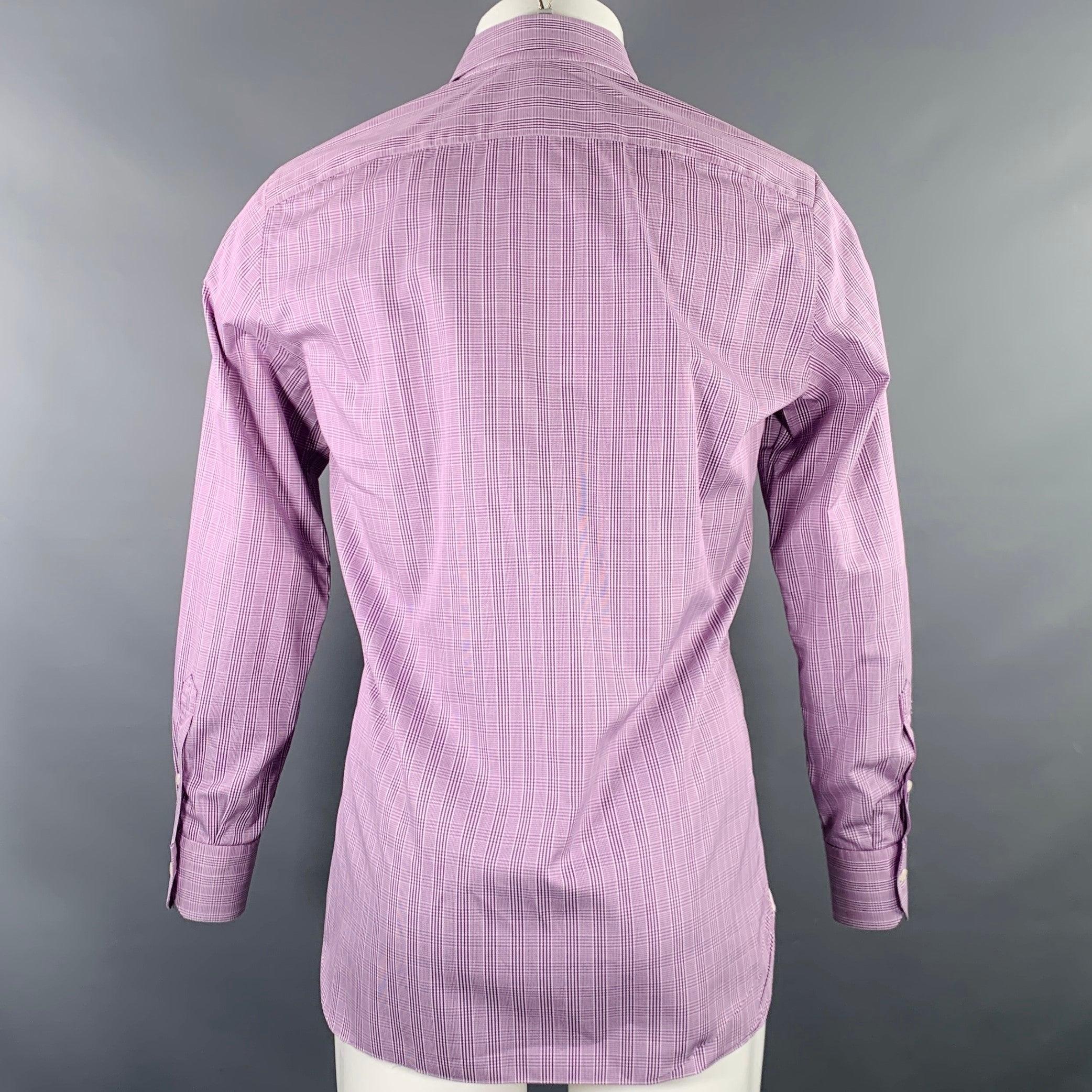 Men's ISAIA Size M Purple White Glenplaid Cotton Spread Collar Long Sleeve Shirt