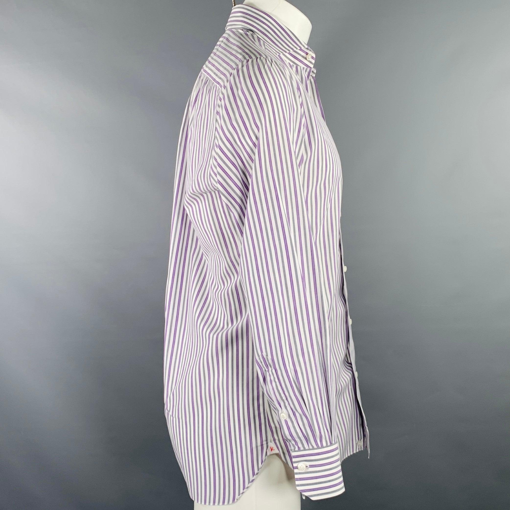 Gray ISAIA Size M Purple White Grey Stripe Cotton Spread Collar Long Sleeve Shirt For Sale