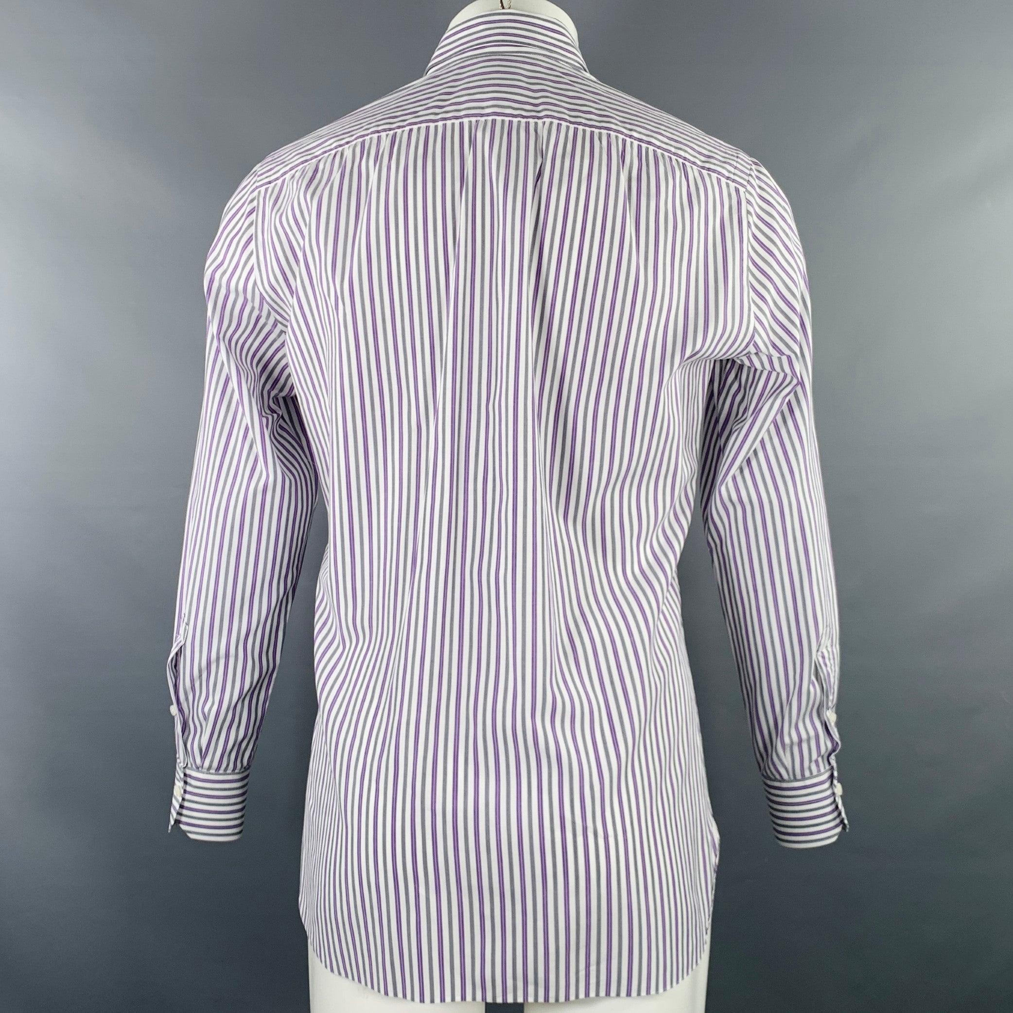 ISAIA Size M Purple White Grey Stripe Cotton Spread Collar Long Sleeve Shirt In Excellent Condition For Sale In San Francisco, CA