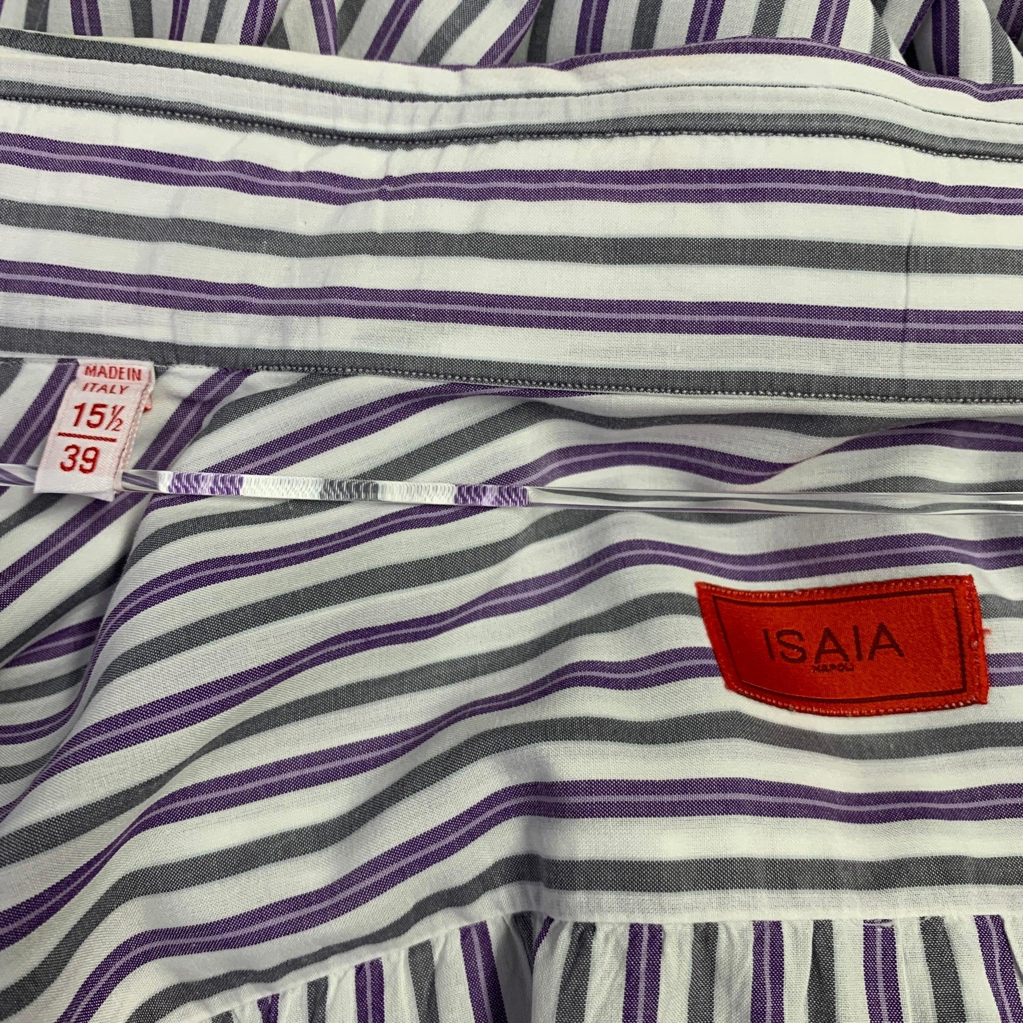 Men's ISAIA Size M Purple White Grey Stripe Cotton Spread Collar Long Sleeve Shirt For Sale