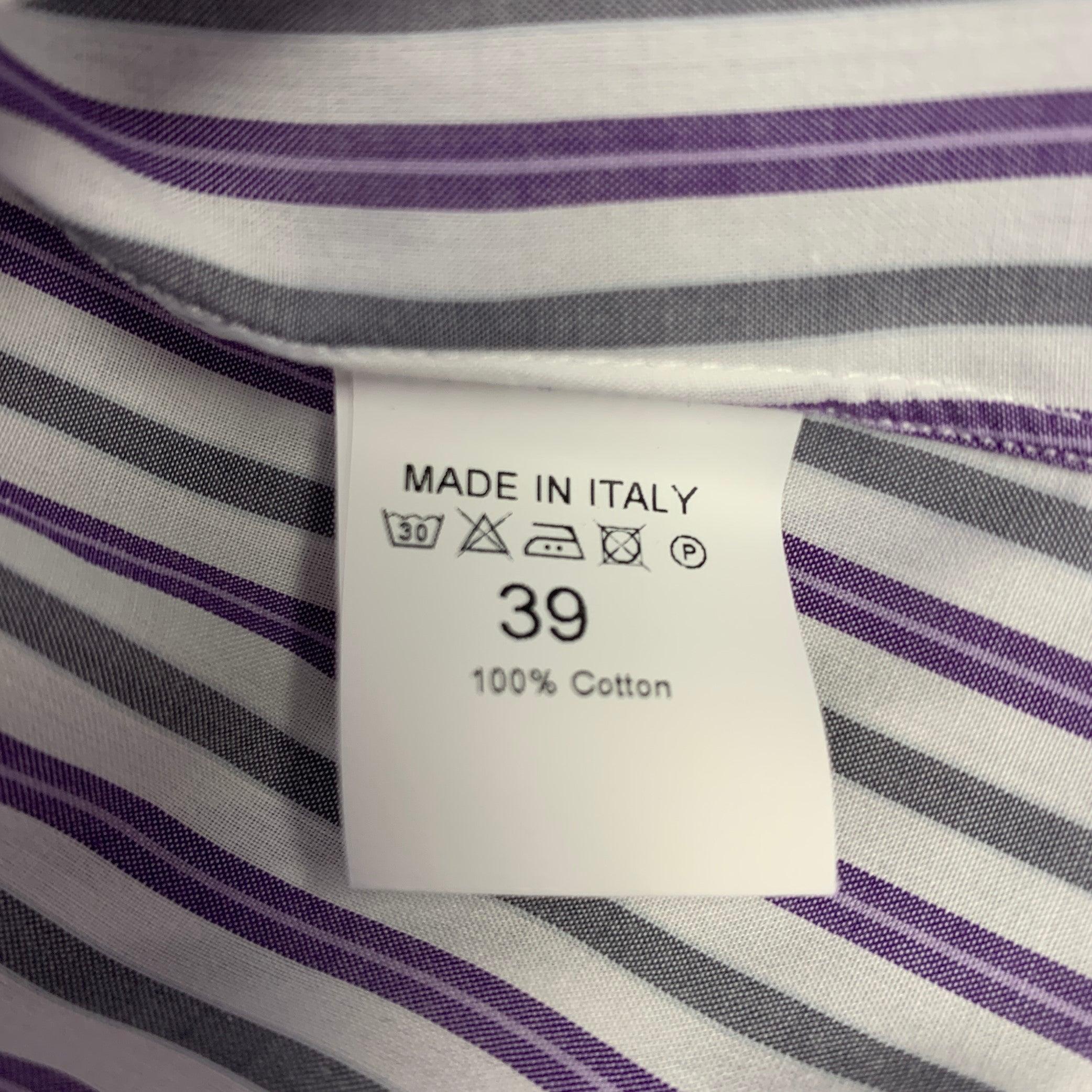 ISAIA Size M Purple White Grey Stripe Cotton Spread Collar Long Sleeve Shirt For Sale 1