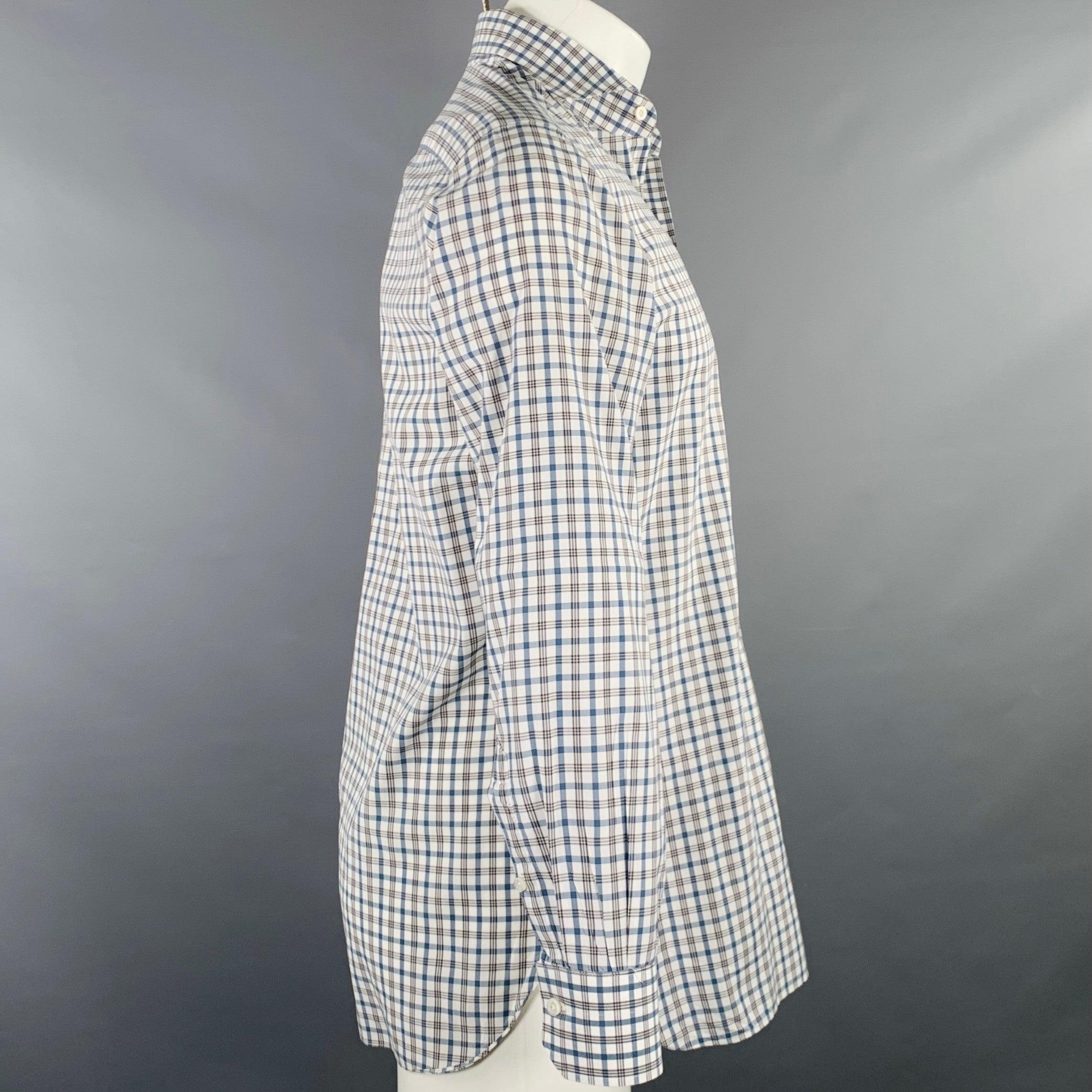 Gray ISAIA Size M White Green Plaid Cotton Spread Collar Long Sleeve Shirt For Sale