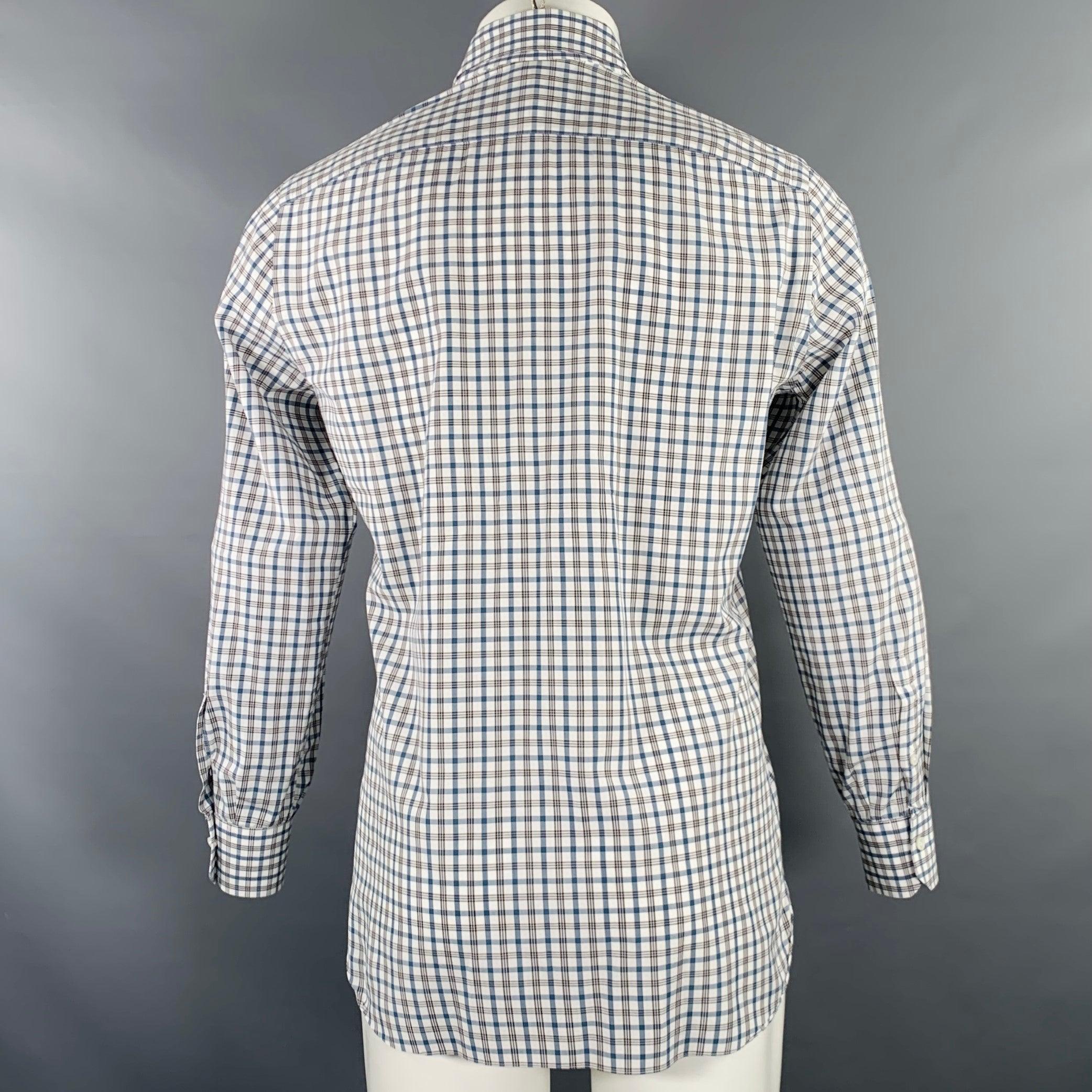 ISAIA Size M White Green Plaid Cotton Spread Collar Long Sleeve Shirt In Excellent Condition For Sale In San Francisco, CA