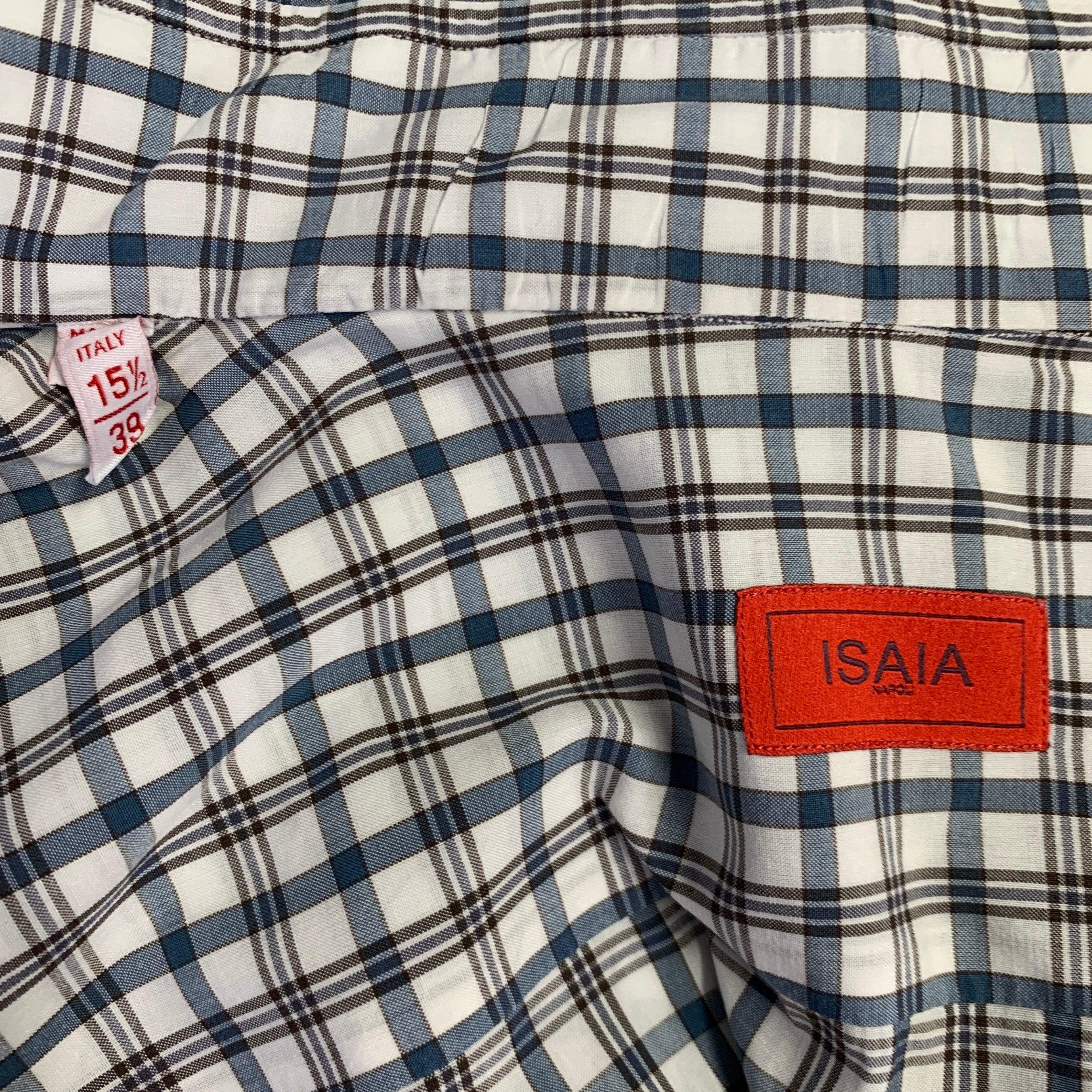 Men's ISAIA Size M White Green Plaid Cotton Spread Collar Long Sleeve Shirt For Sale