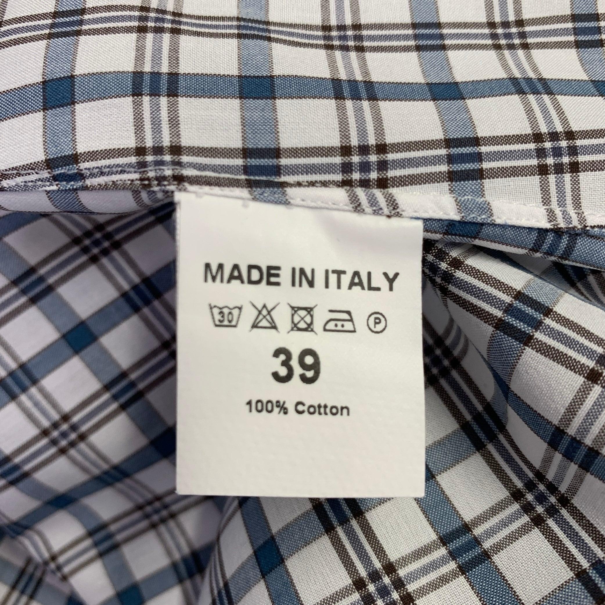 ISAIA Size M White Green Plaid Cotton Spread Collar Long Sleeve Shirt For Sale 1